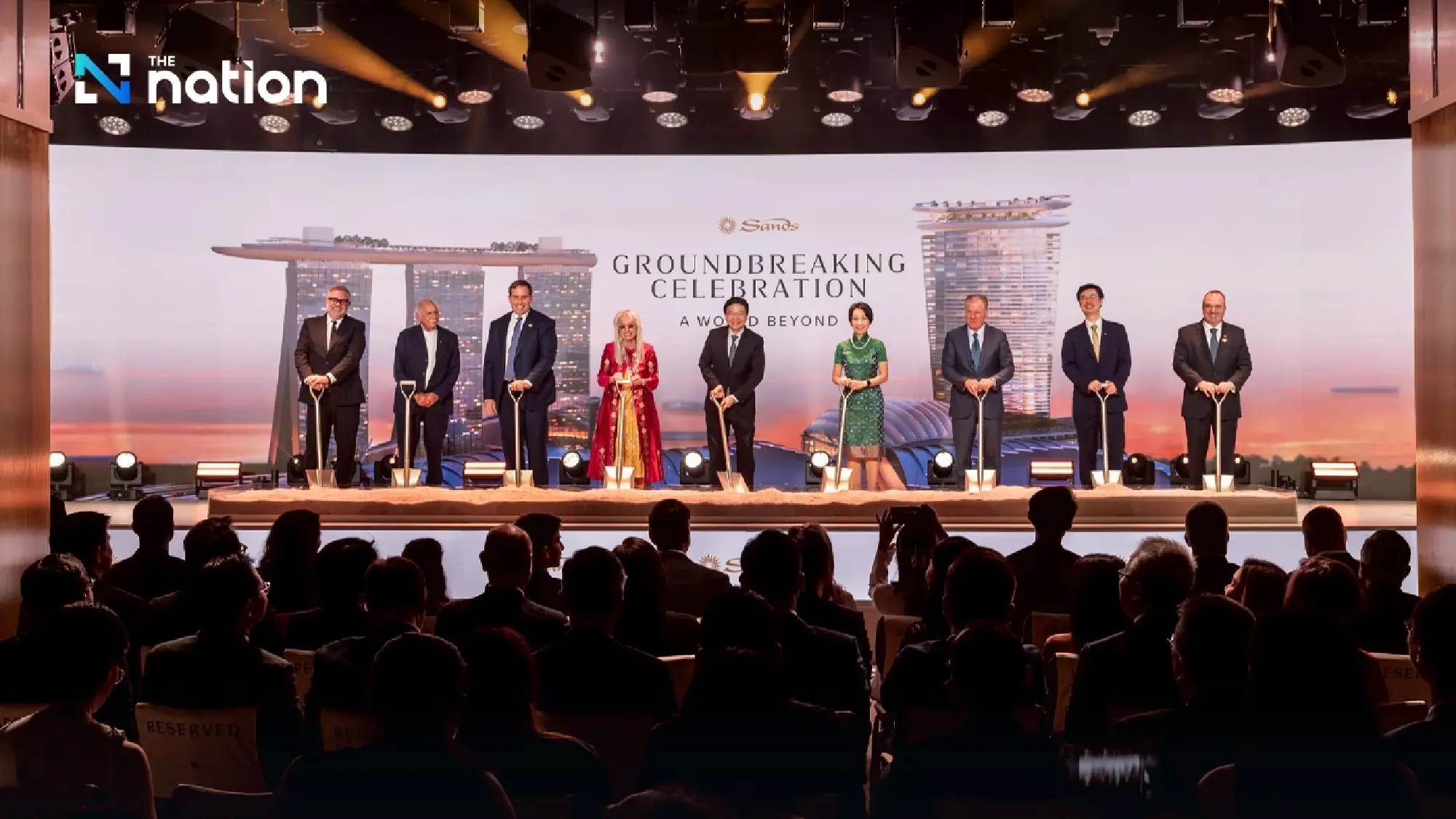 (From Left) Senior Principal Architectural Designer at Populous Andrew Tulen, Founding Partner of Safdie Architects Moshe Safdie, Las Vegas Sands President and COO Patrick Dumont, Dr Miriam Adelson, Singapore’s Prime Minister and Minister for Finance Lawrence Wong, Minister for Sustainability and the Environment and Minister-in-charge of Trade Relations Grace Fu, Las Vegas Sands Chairman and CEO Robert Goldstein, Las Vegas Sands Executive Vice President Asia Operations Grant Chum, and Marina Bay Sands COO Paul Town