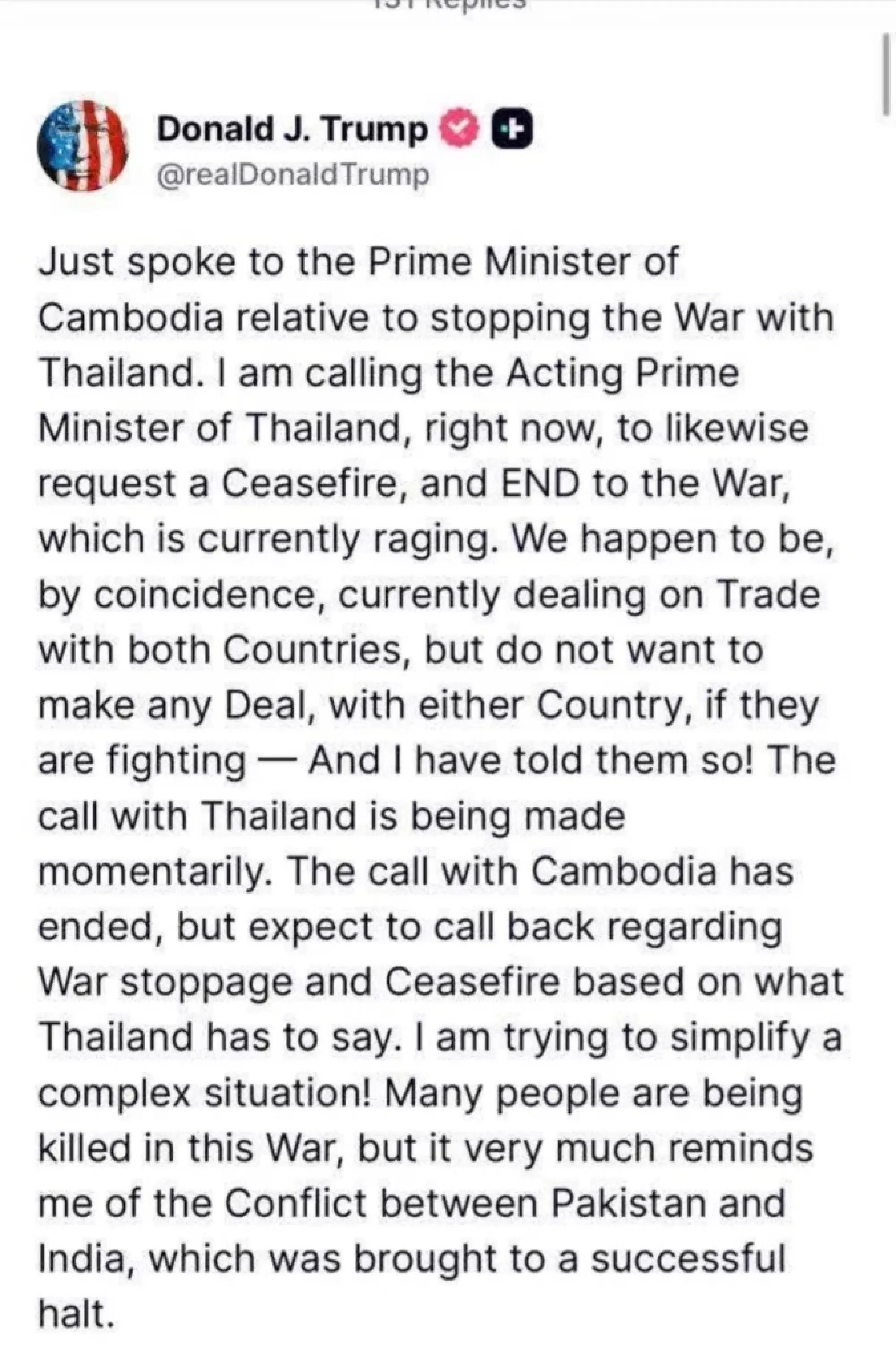Trump calls Phumtham, Hun Manet , no trade deals without ceasefire