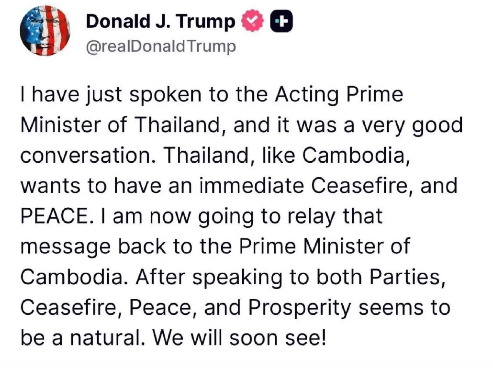 Trump calls Phumtham, Hun Manet , no trade deals without ceasefire