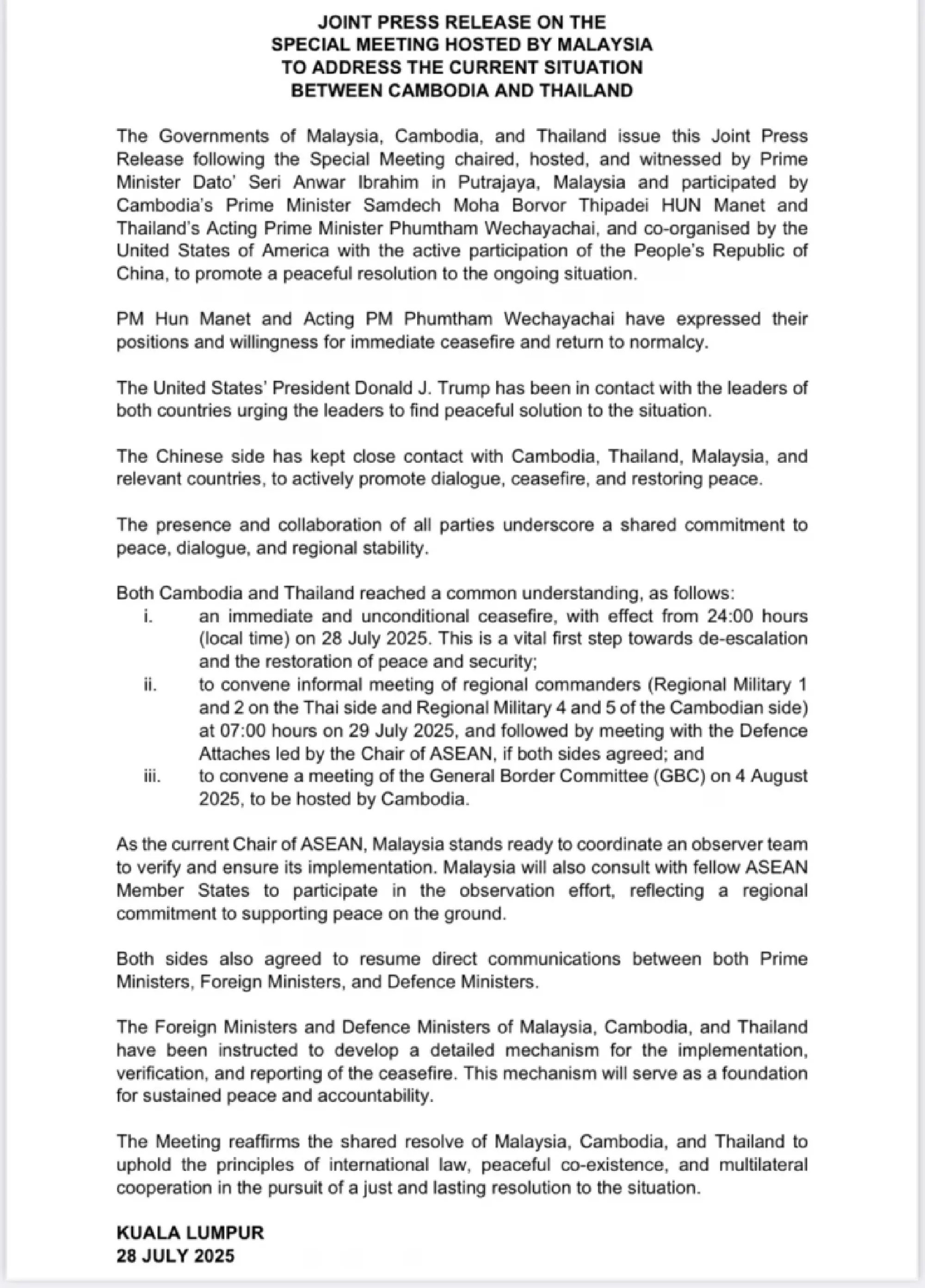 Cambodia and Thailand agree to immediate ceasefire from midnight