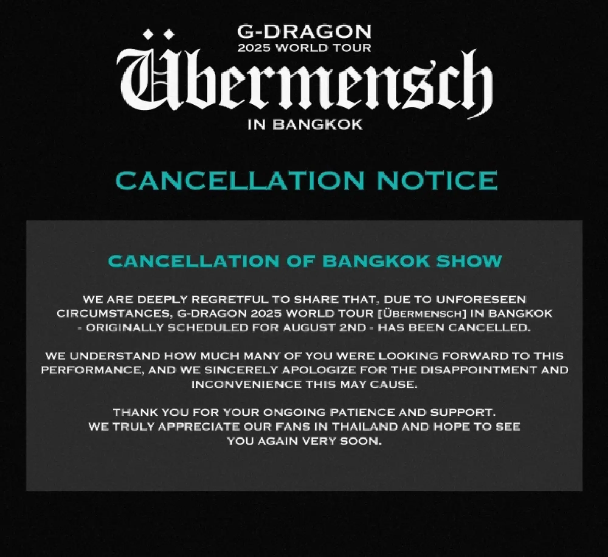 G-Dragon’s Bangkok concert canceled amid fan protest over agency’s tour mismanagement