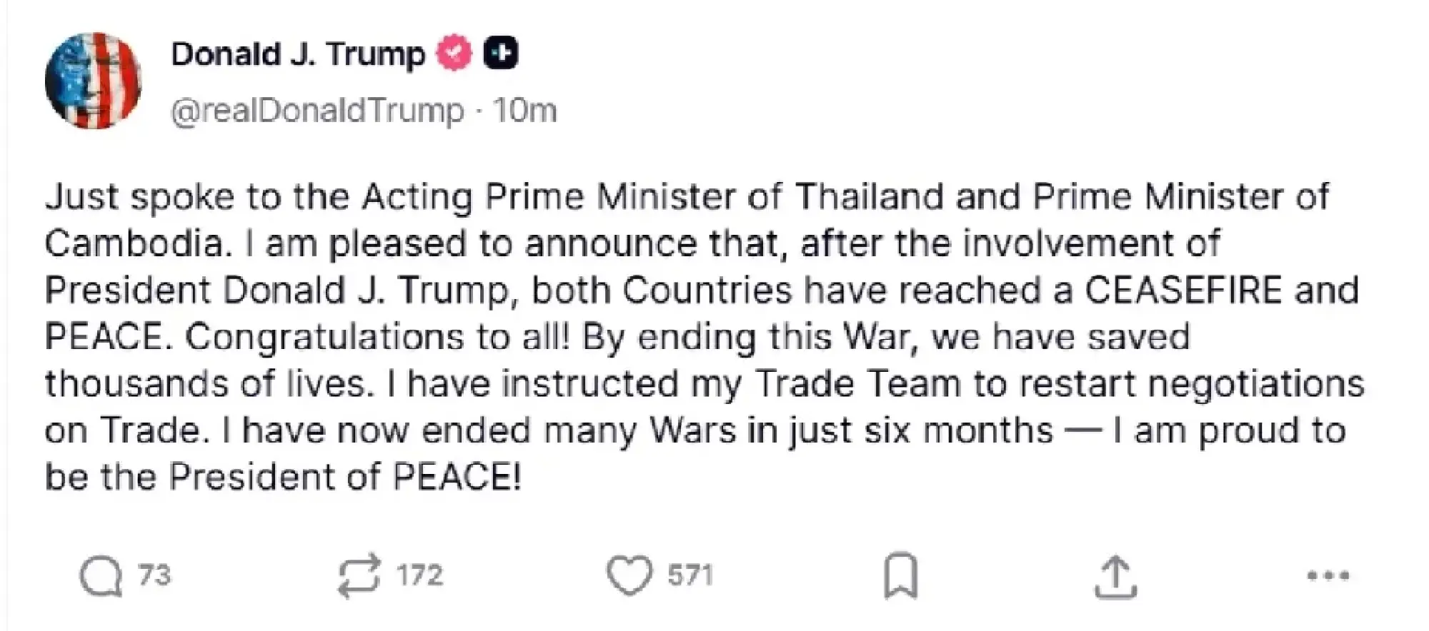 Trump Issues Congratulatory Message on Thai-Cambodia Ceasefire, Vows Trade Talks