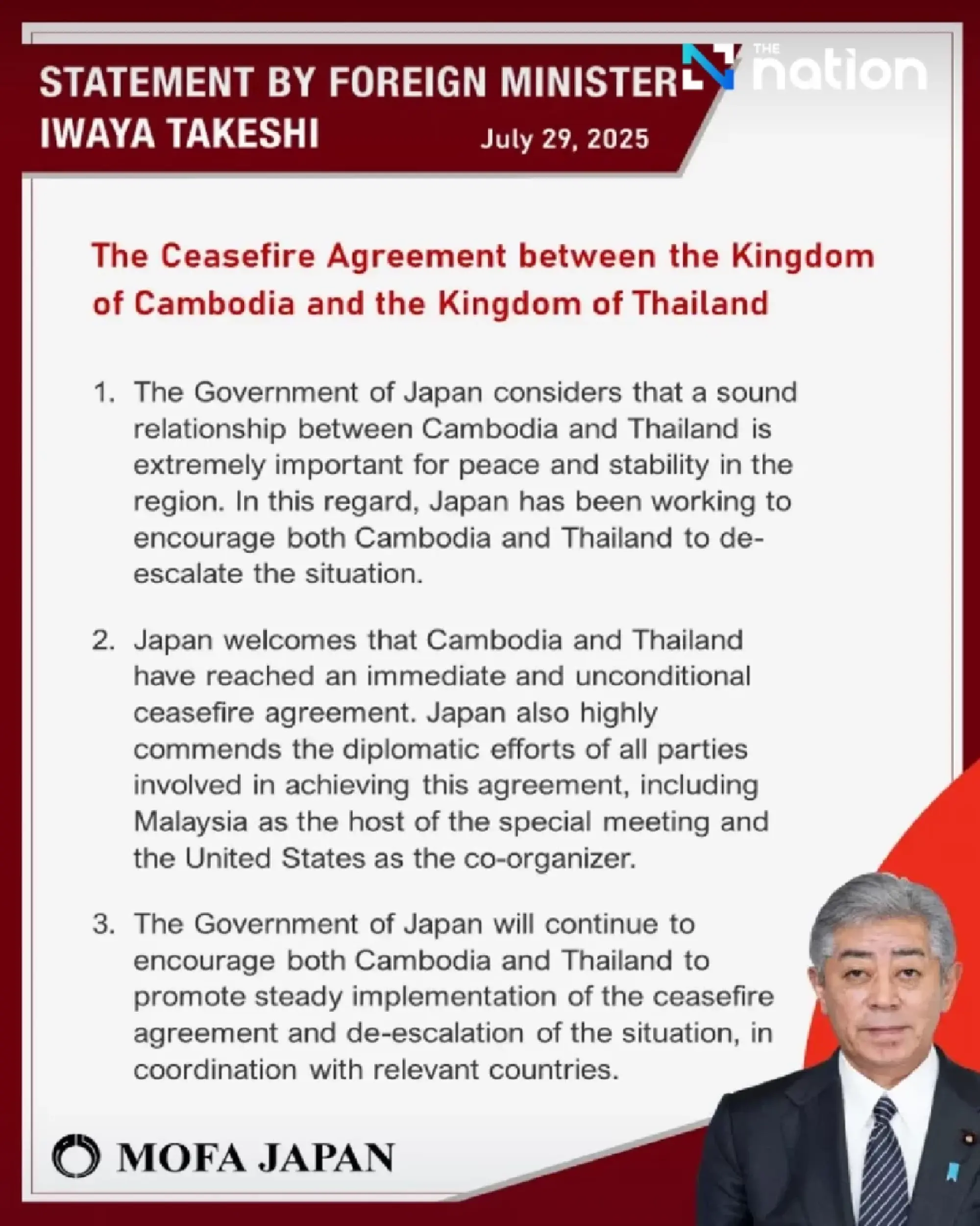 Japan welcomes Cambodia–Thailand ceasefire, thanks all involved