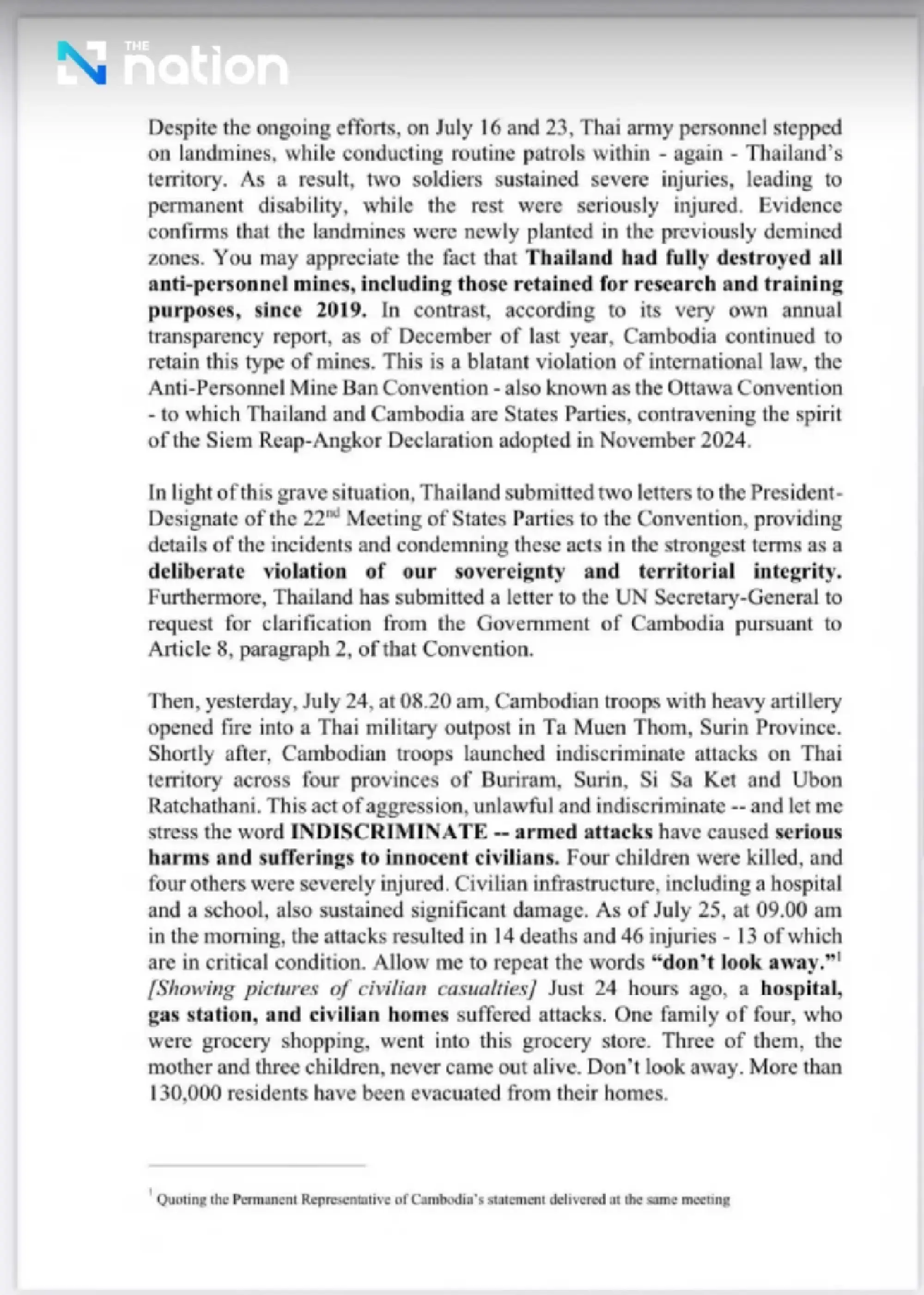 Thailand Condemns \"Unprovoked Aggression\" by Cambodia at UN
