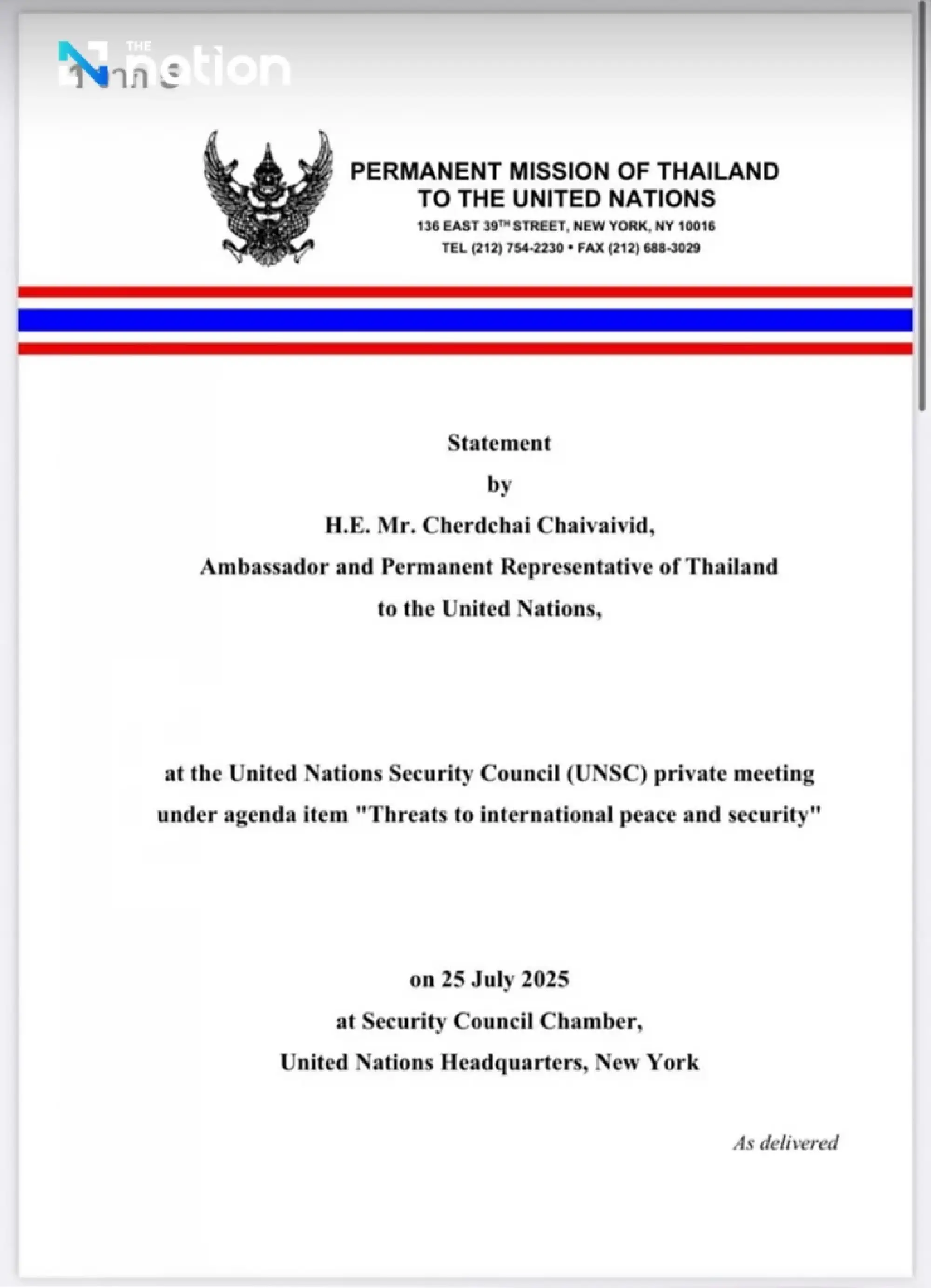 Thai Ambassador to UNSC condemns Cambodia’s violations, calls for immediate ceasefire and peace talks