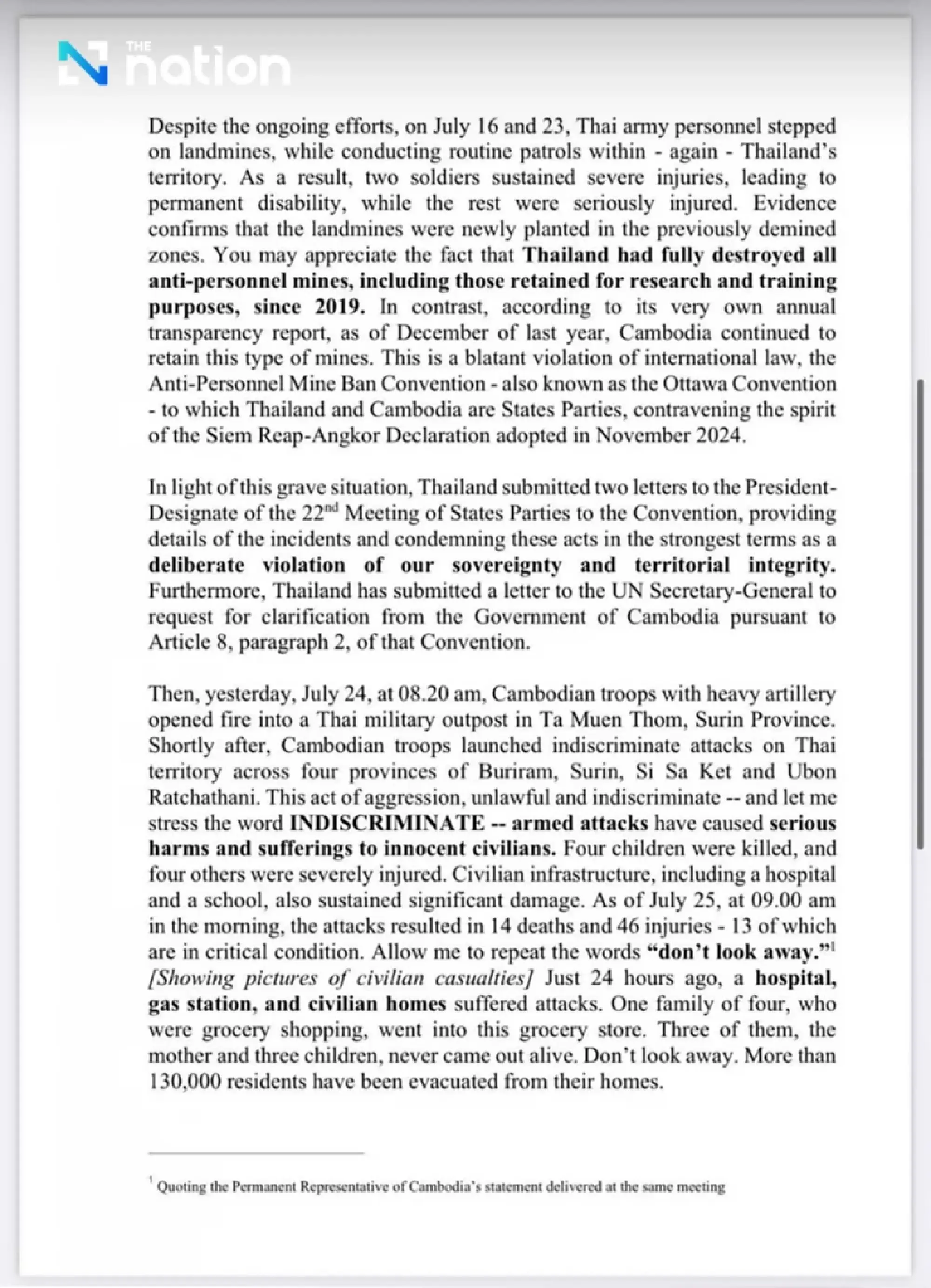 Thai Ambassador to UNSC condemns Cambodia’s violations, calls for immediate ceasefire and peace talks