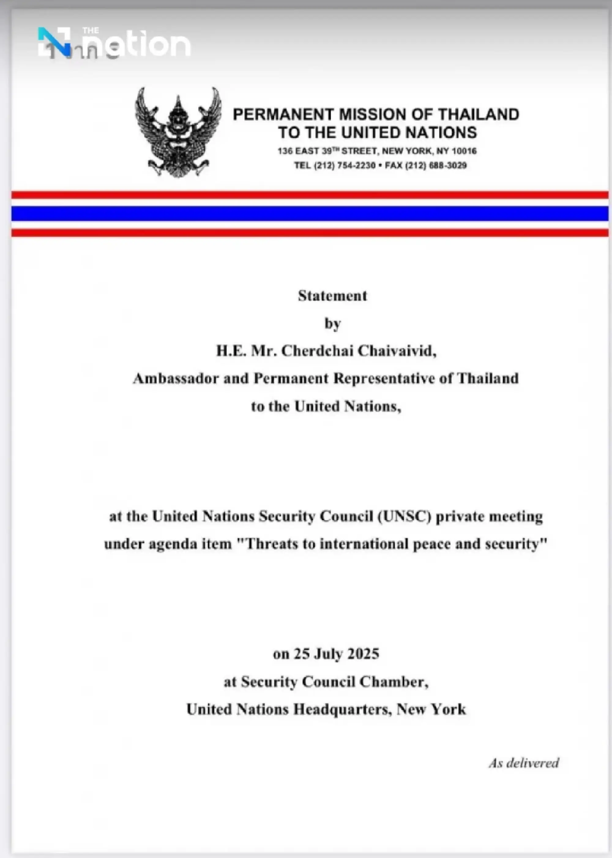 Thailand Condemns \"Unprovoked Aggression\" by Cambodia at UN