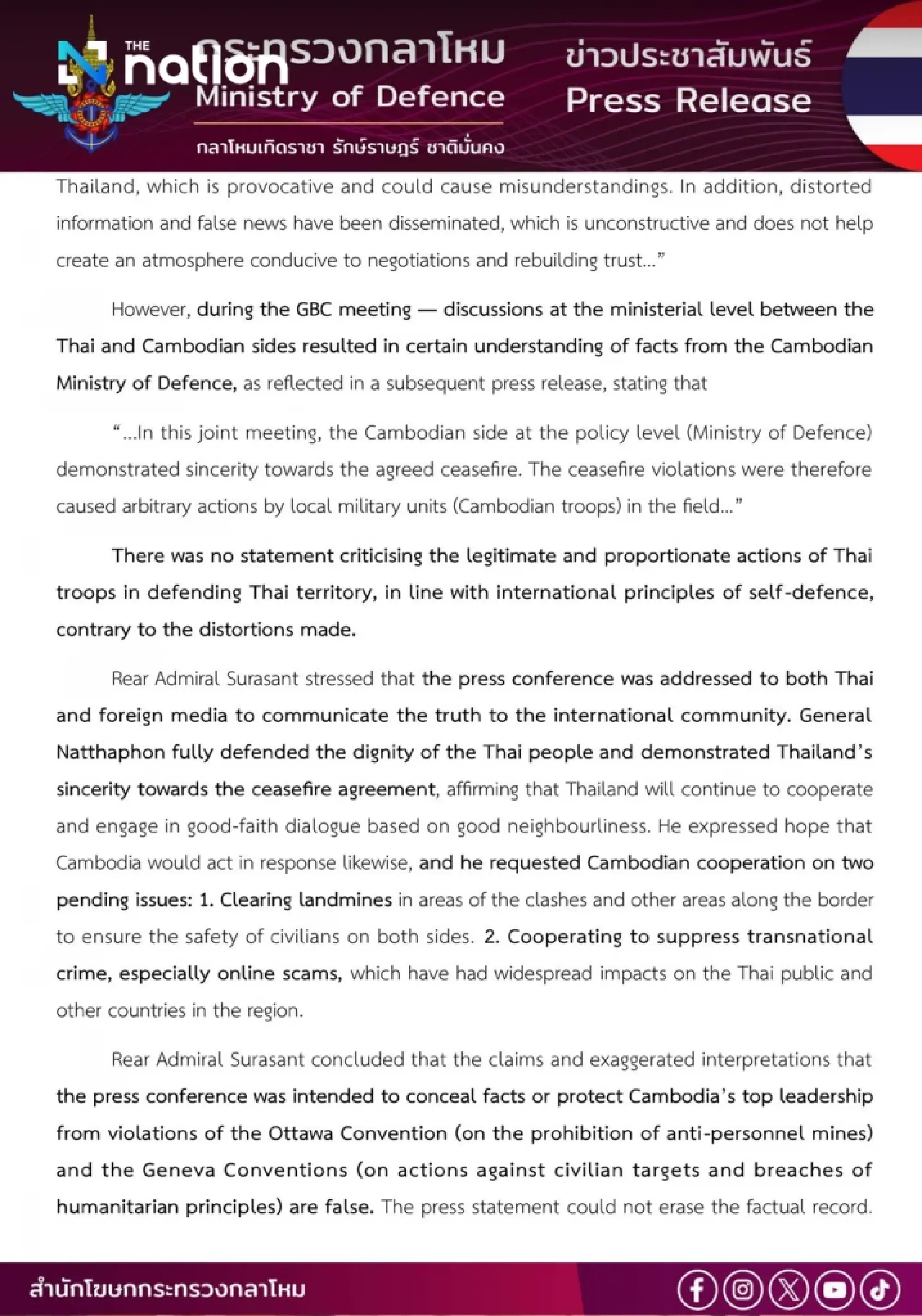 Defence Ministry affirms adherence to international law, pledges to stand with Thai people and armed forces in protecting sovereignty