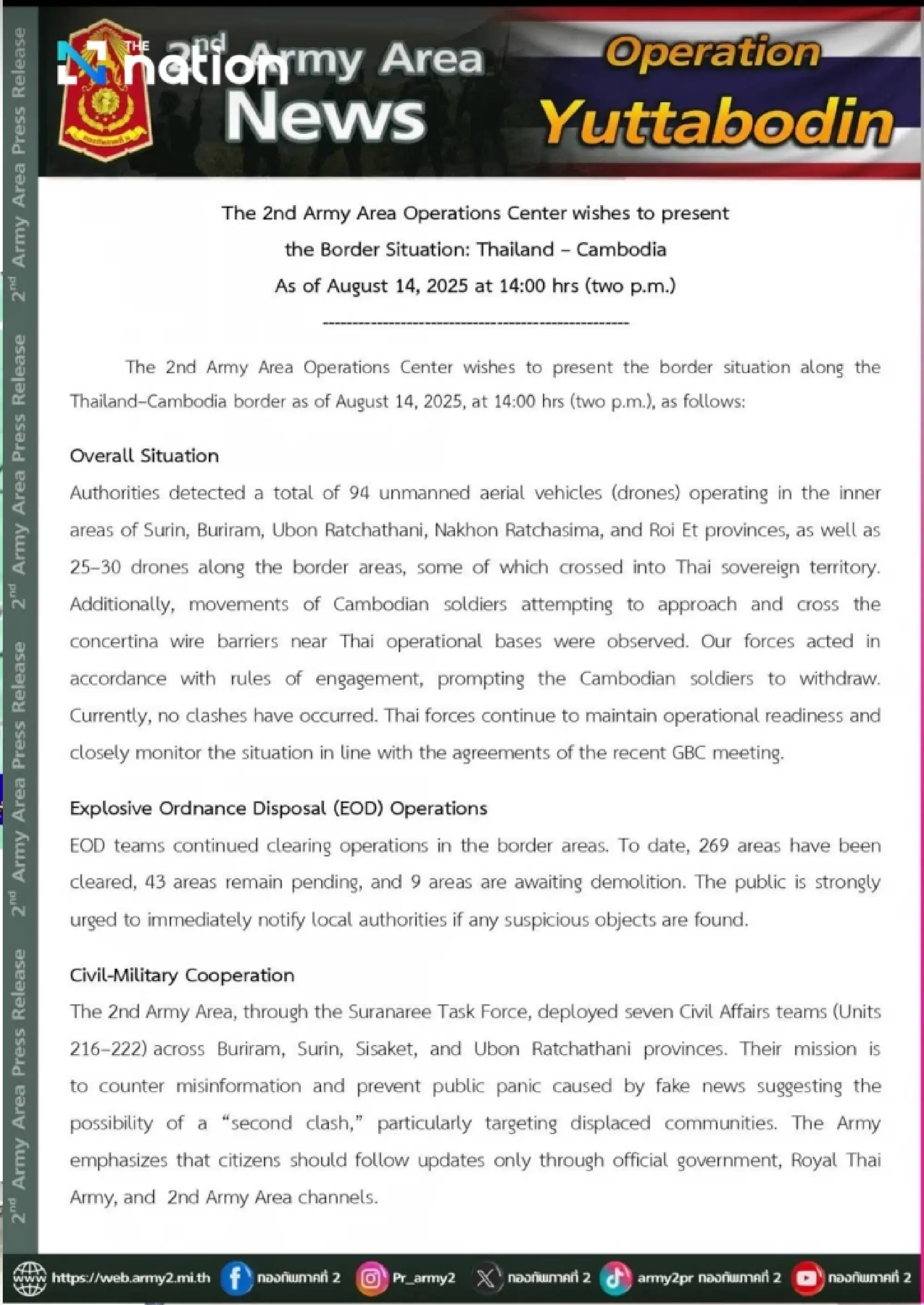 Thai Army detects drones along Cambodian border, Cambodian troops retreat after confrontation