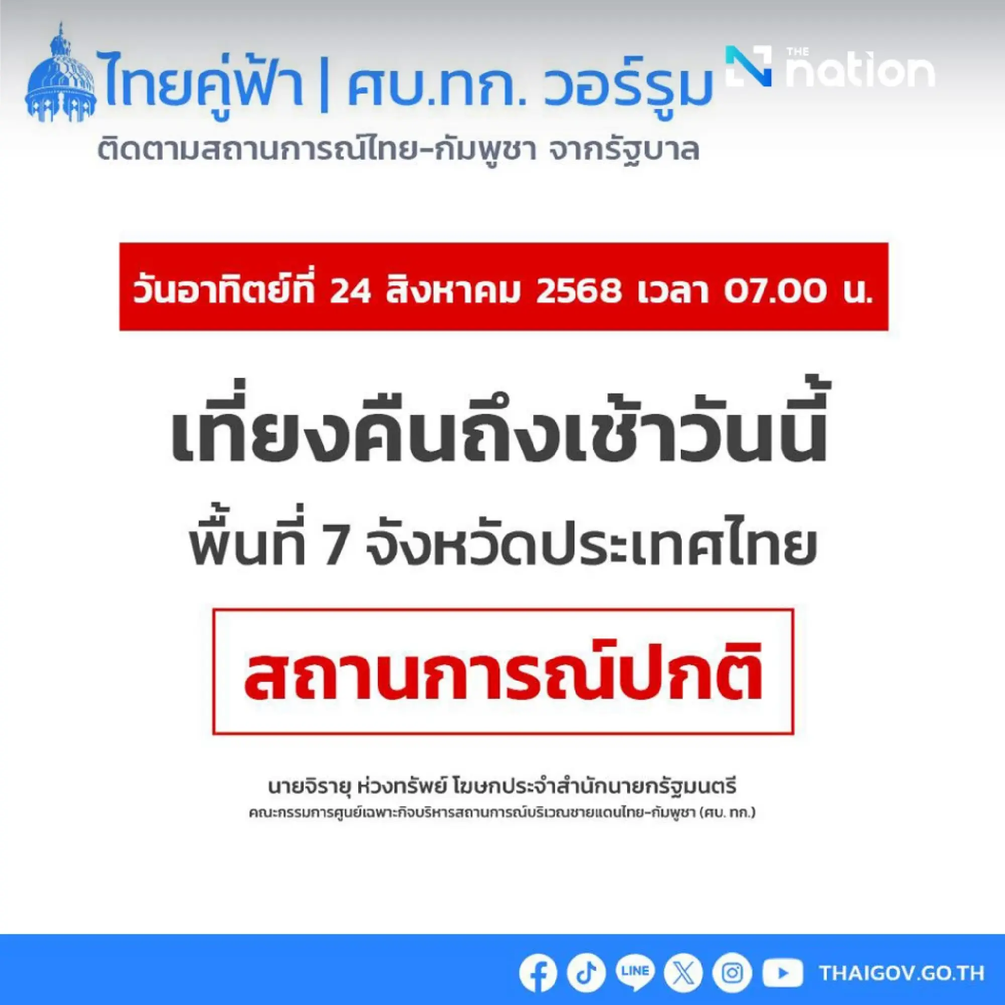 Border situation in 7 Thai provinces remains normal, says Jirayu