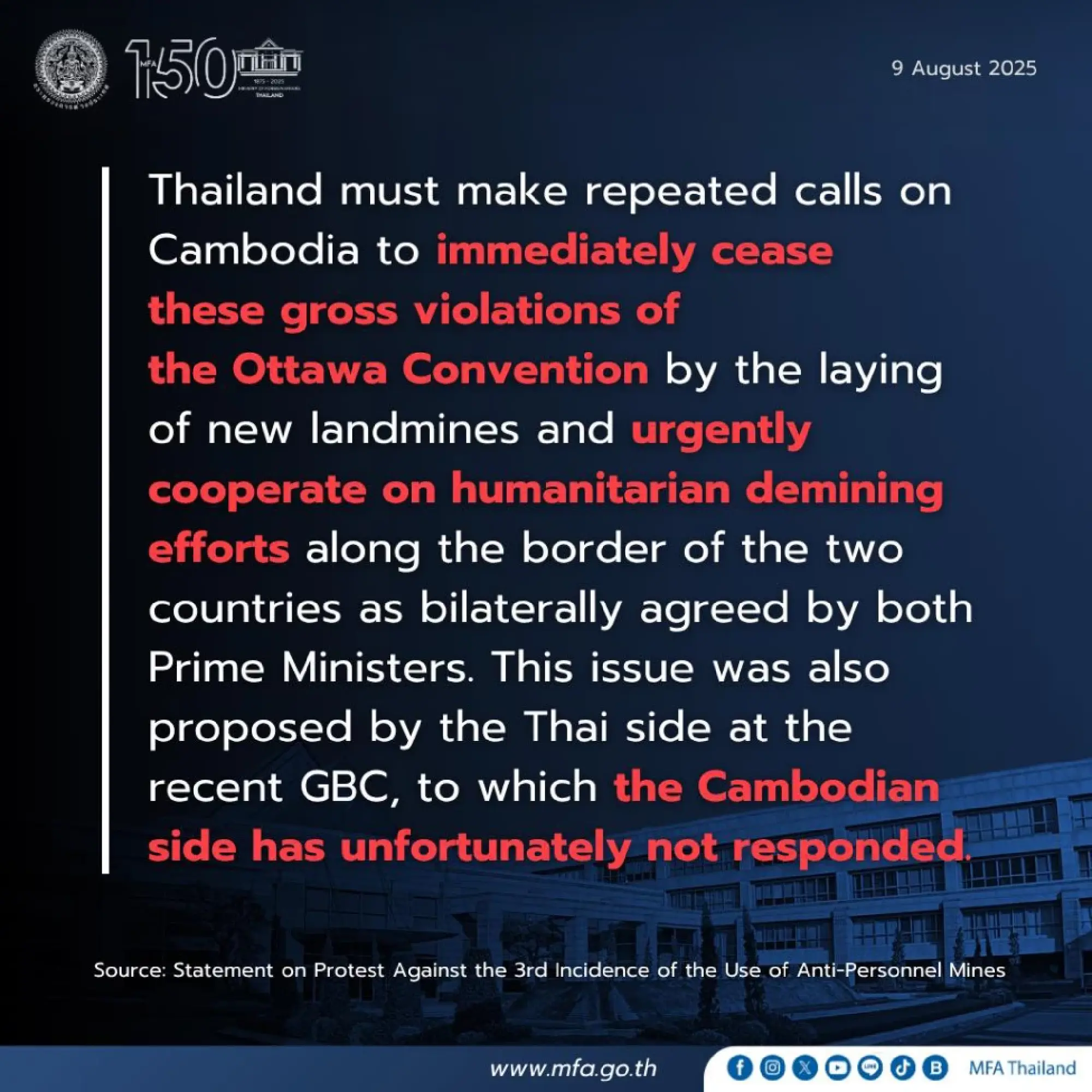 Thailand condemns new landmine incident on Thai soil near Cambodian border