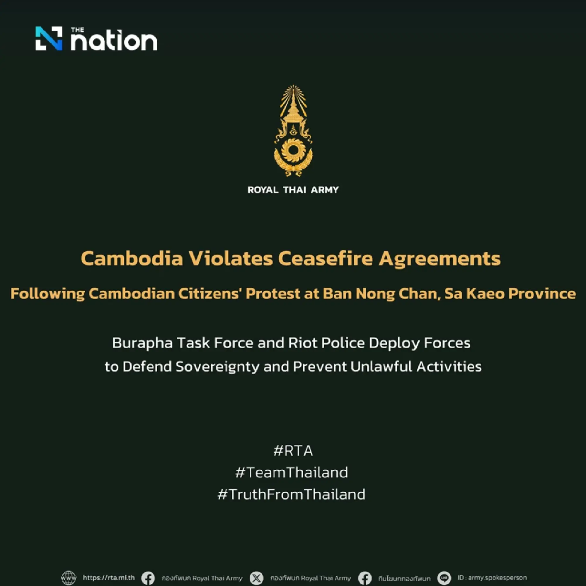 Thai Army condemns Cambodian protest, warns of legal action for breaching ceasefire