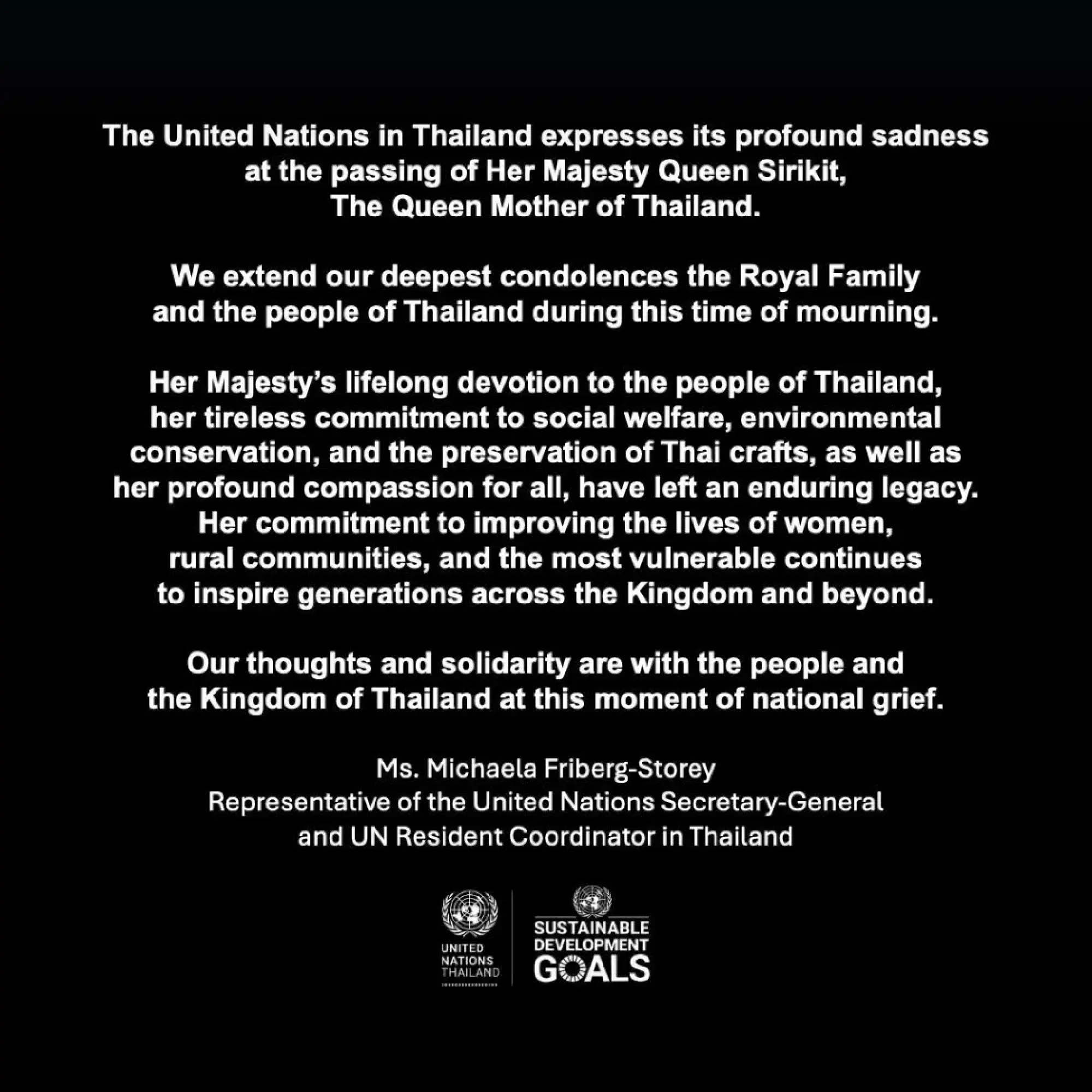 UN representative offers condolences to Thailand following Queen Sirikit The Queen Mother’s passing