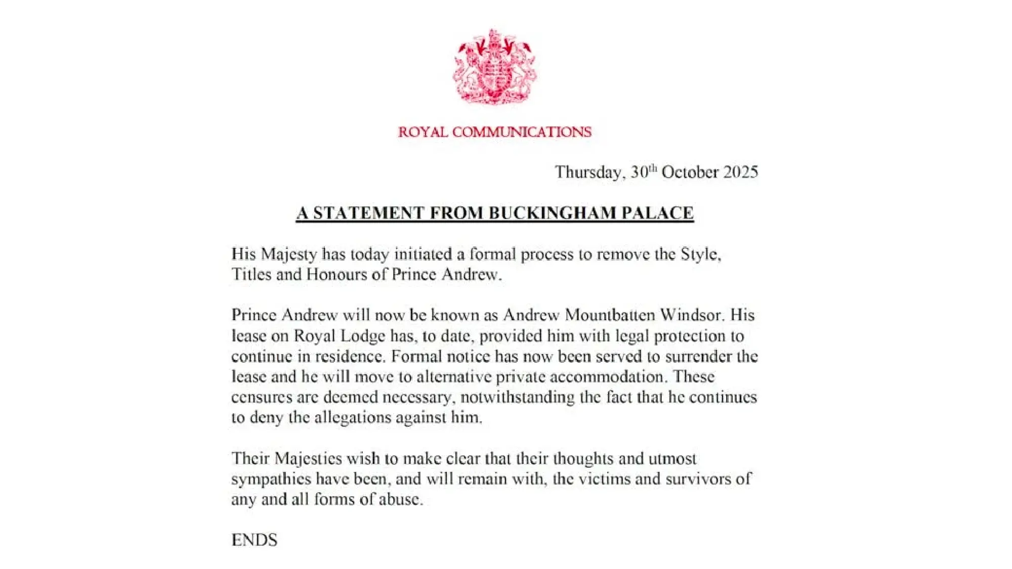 King Charles strips Prince Andrew of titles and Windsor home amid Epstein fallout