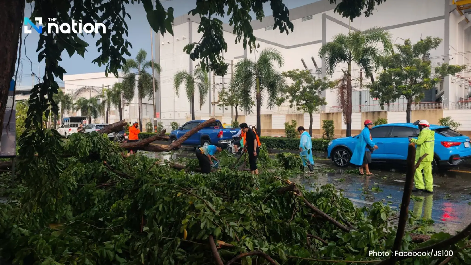 Heavy rain and strong winds cause flooding and fallen trees across Bangkok, disrupting traffic