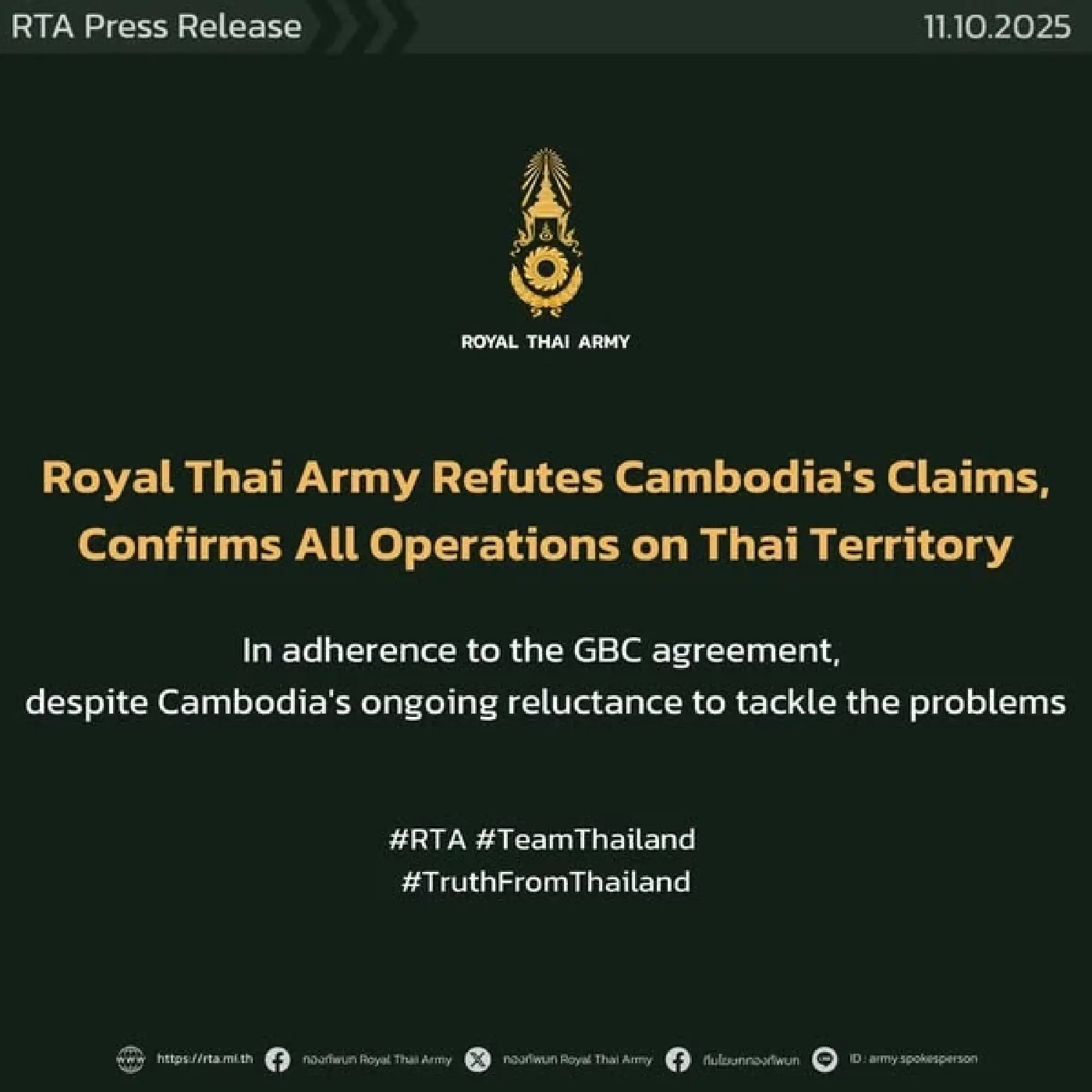 Royal Thai Army clarifies Cambodia’s territorial claims, affirms operations within Thai borders