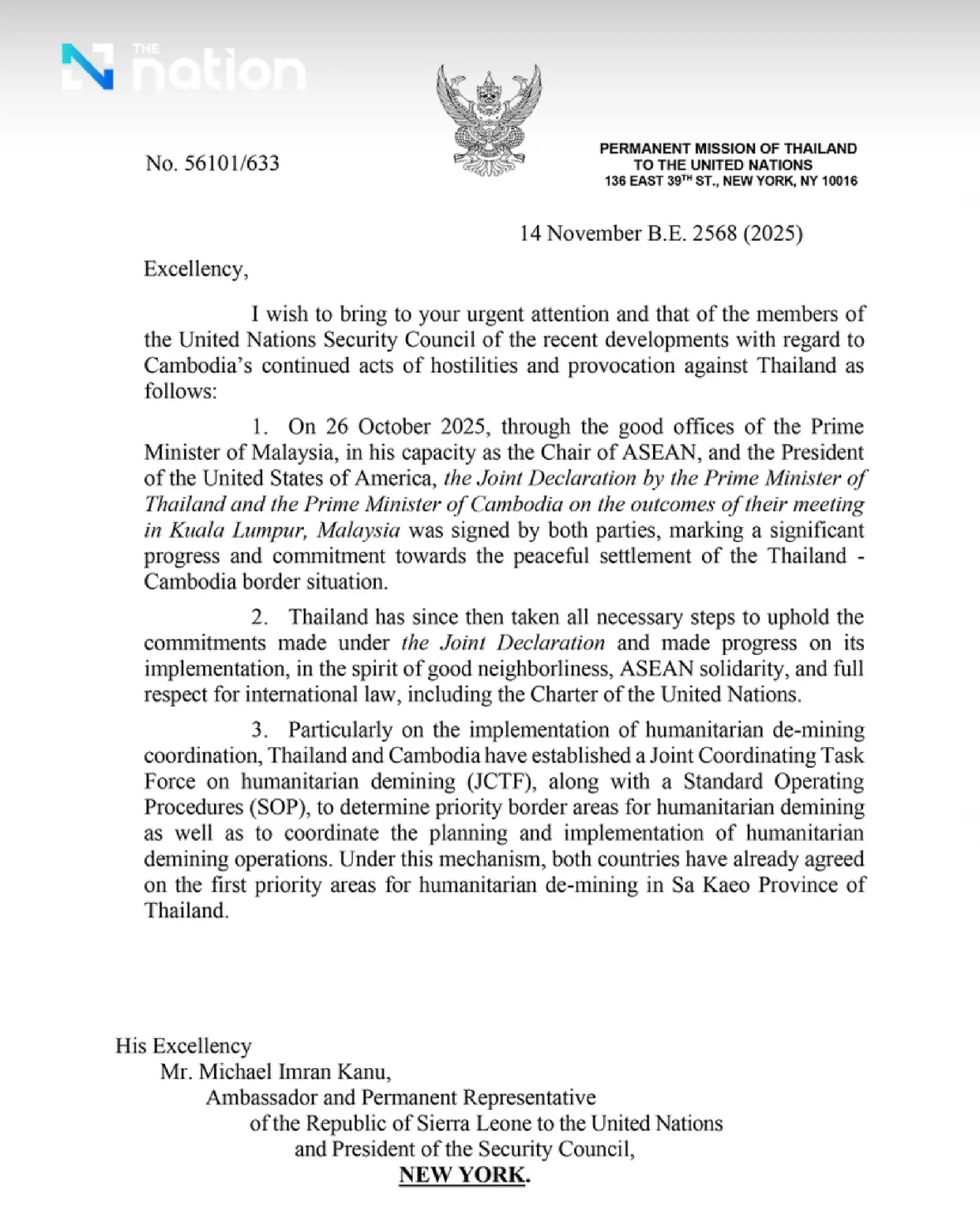 Thai envoy to UN files letter to UNSC over Cambodia’s provocative and hostile acts