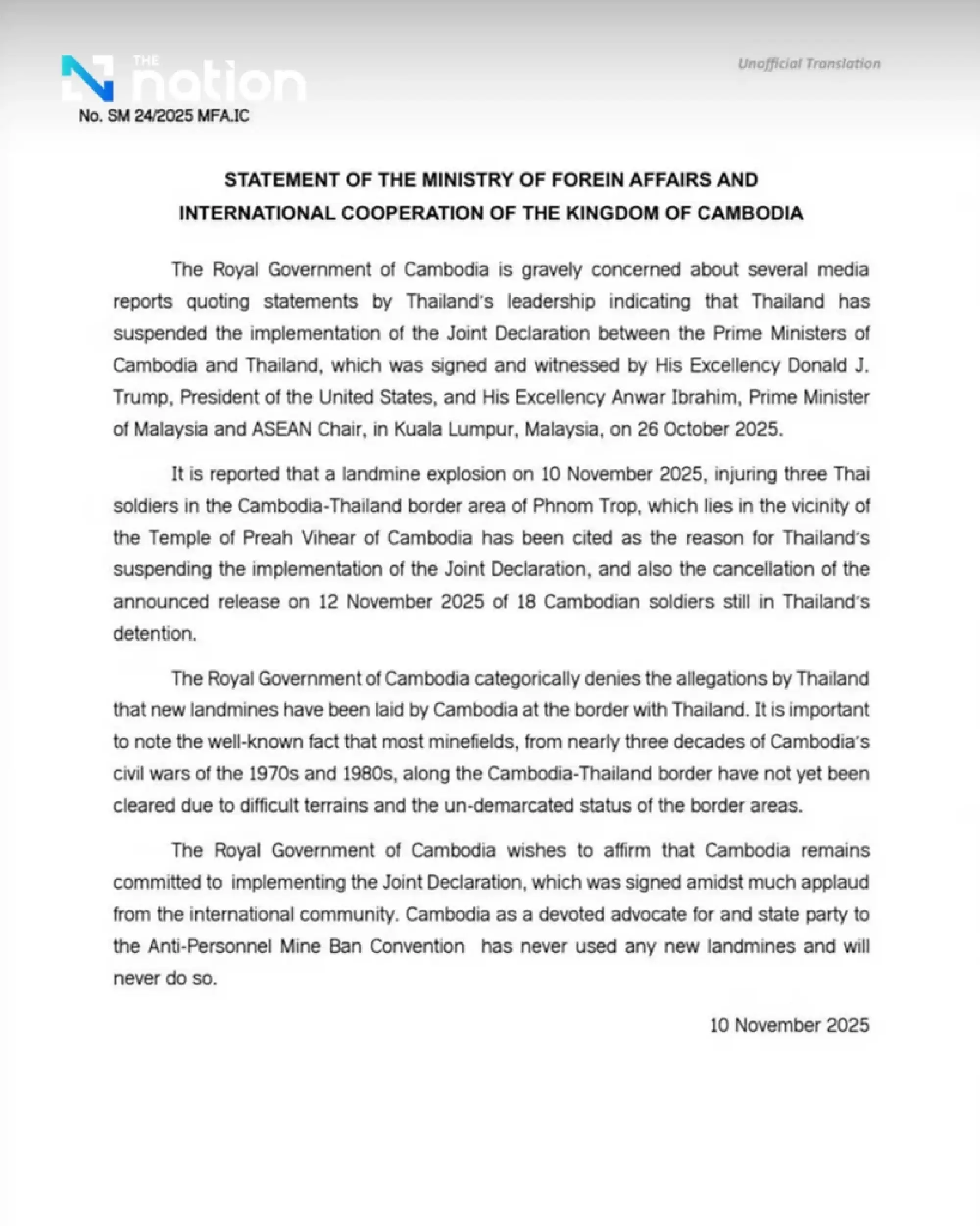 Cambodia denies laying new landmines