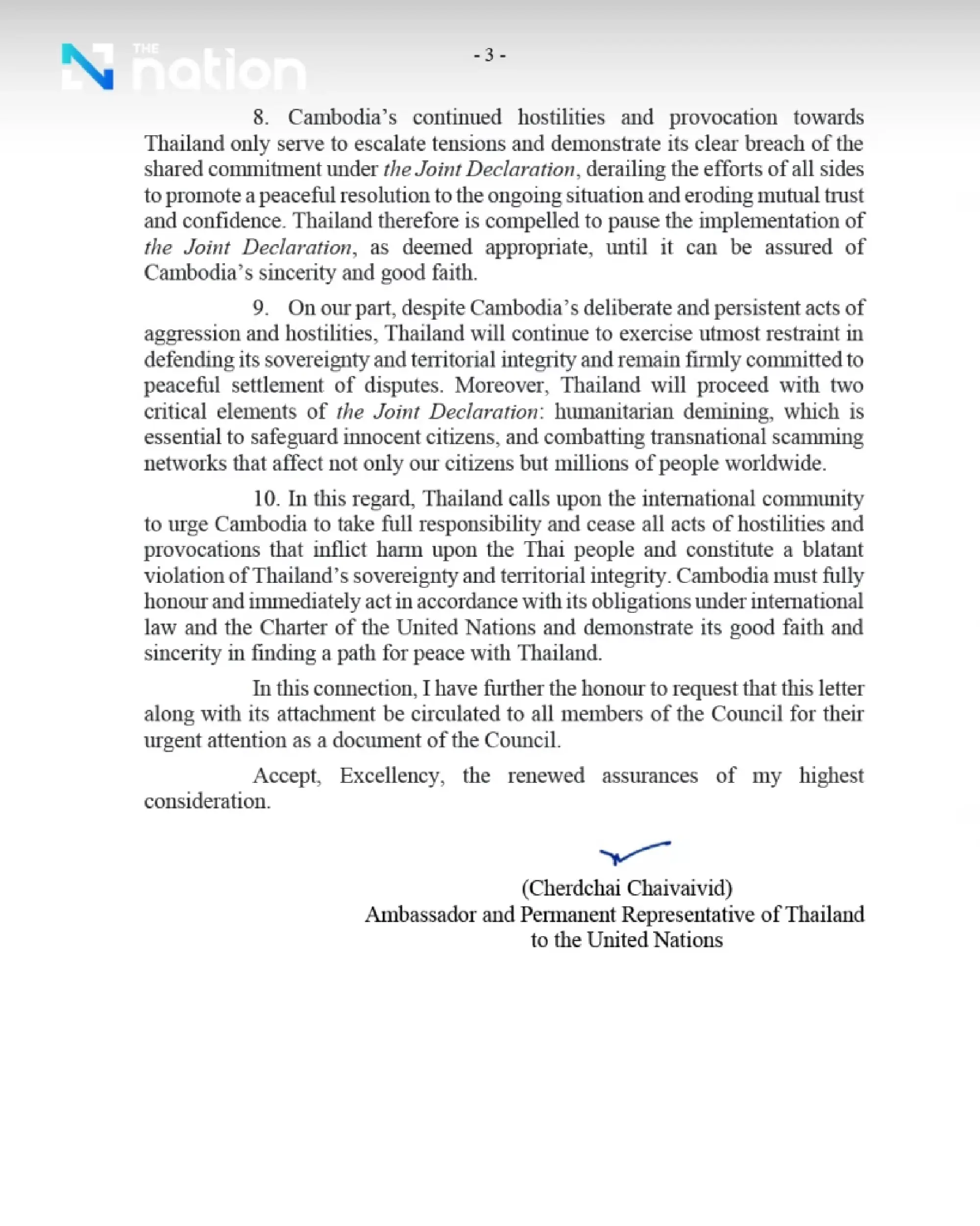 Thai envoy to UN files letter to UNSC over Cambodia’s provocative and hostile acts