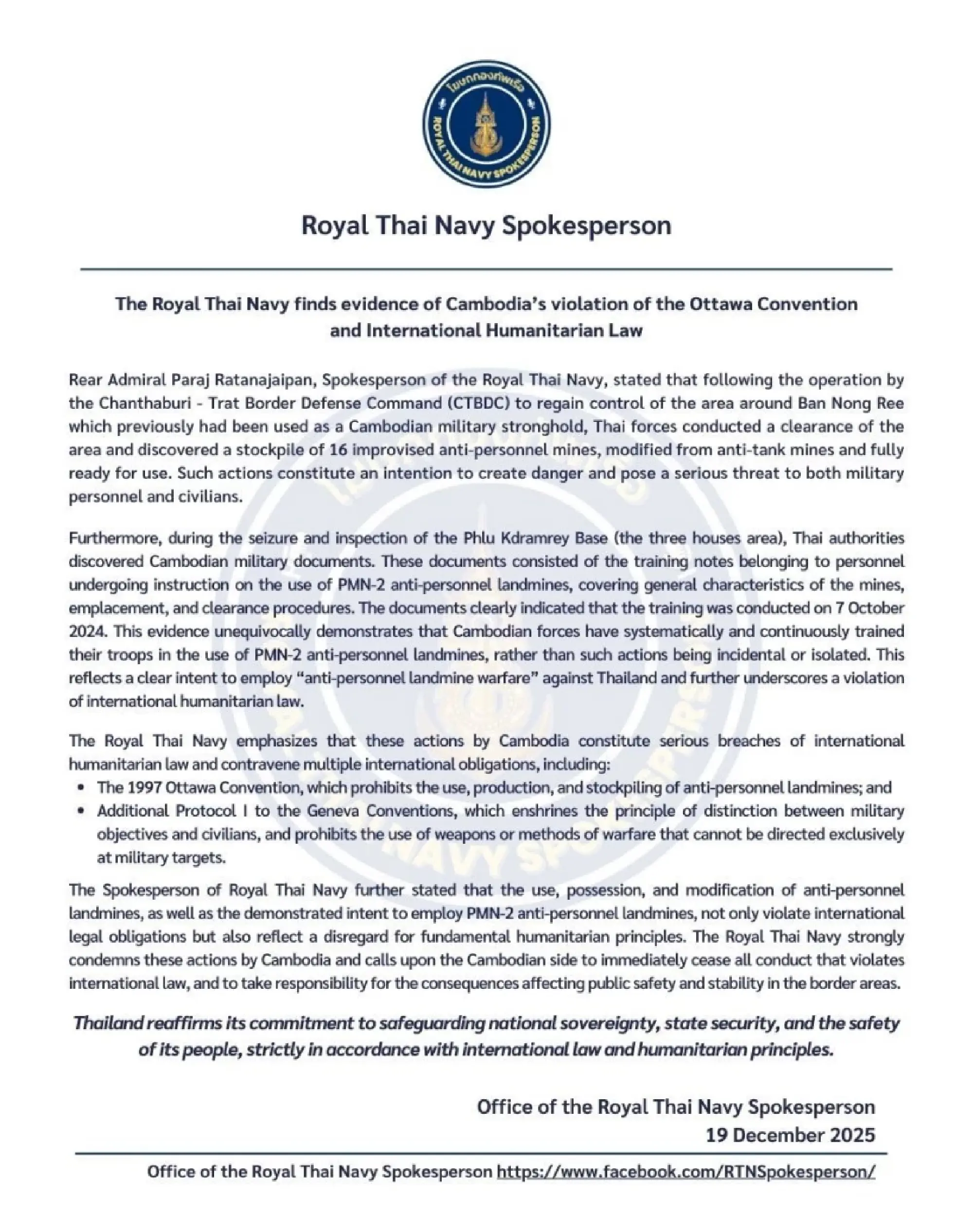 Thai Navy Accuses Cambodia of ‘Systematic’ Treaty Violations After Landmine Discovery