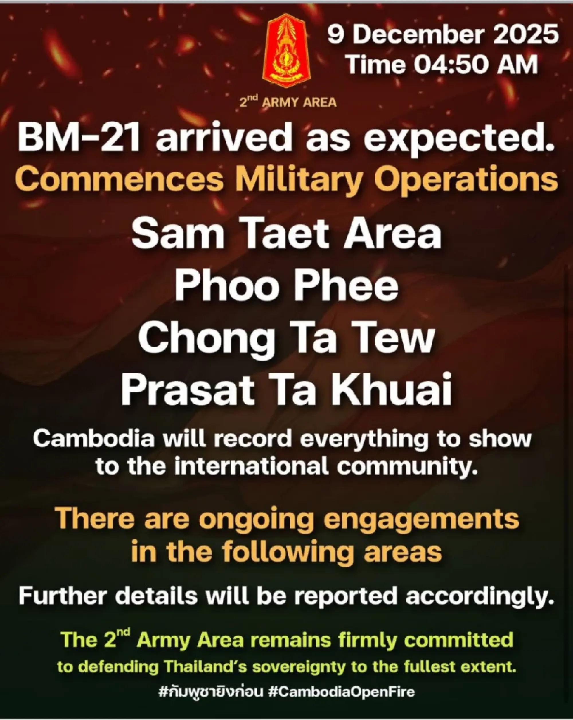 Cambodia fires BM-21 rockets at four Thai border areas, Second Army hits back to defend sovereignty