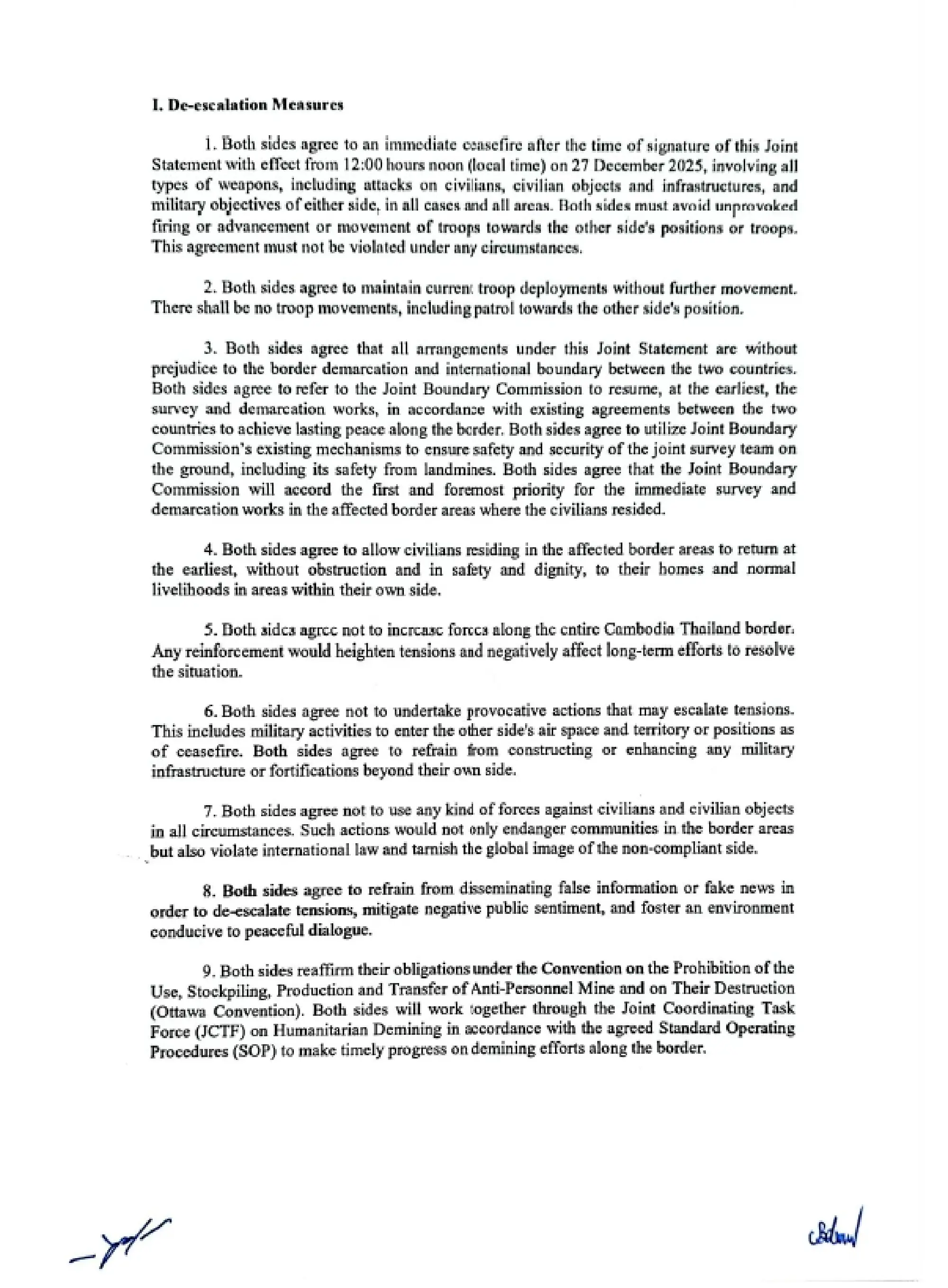 Thailand-Cambodia GBC signs ceasefire statement: 72-hour pause tied to 18 POWs