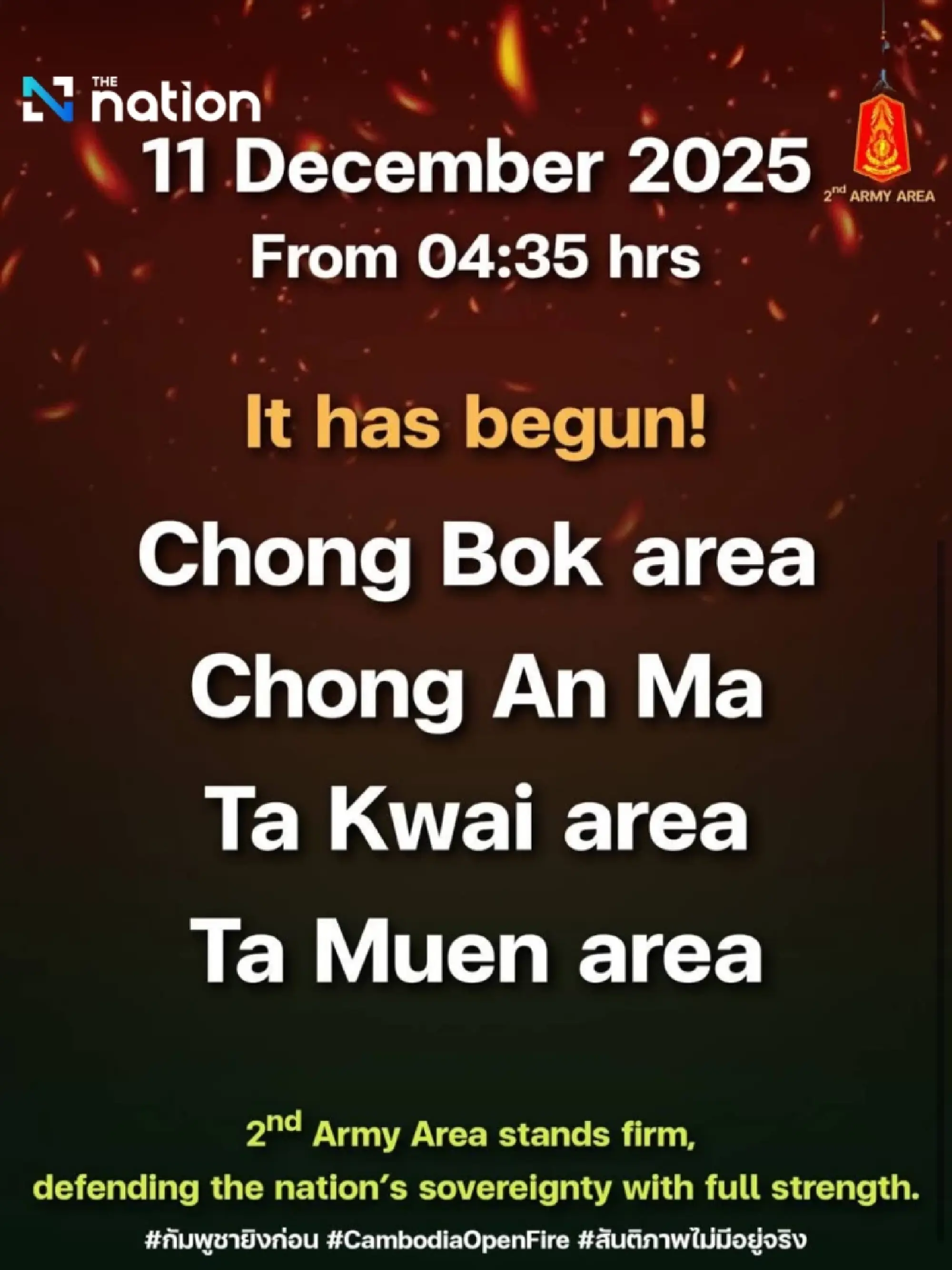 Thai-Cambodian border flares again as Second Army vows to defend sovereignty