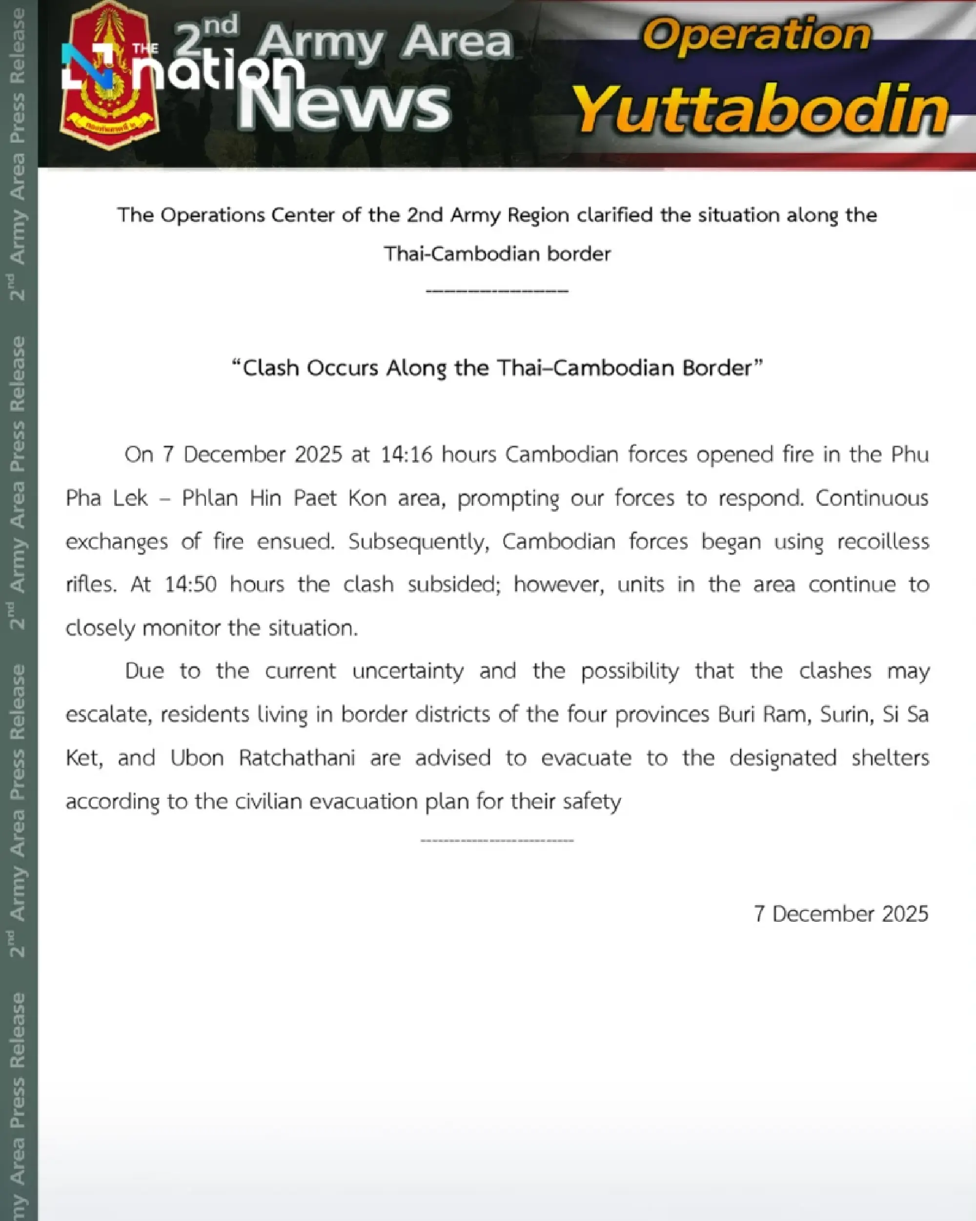 Second Army Area orders evacuation in four provinces after border clash