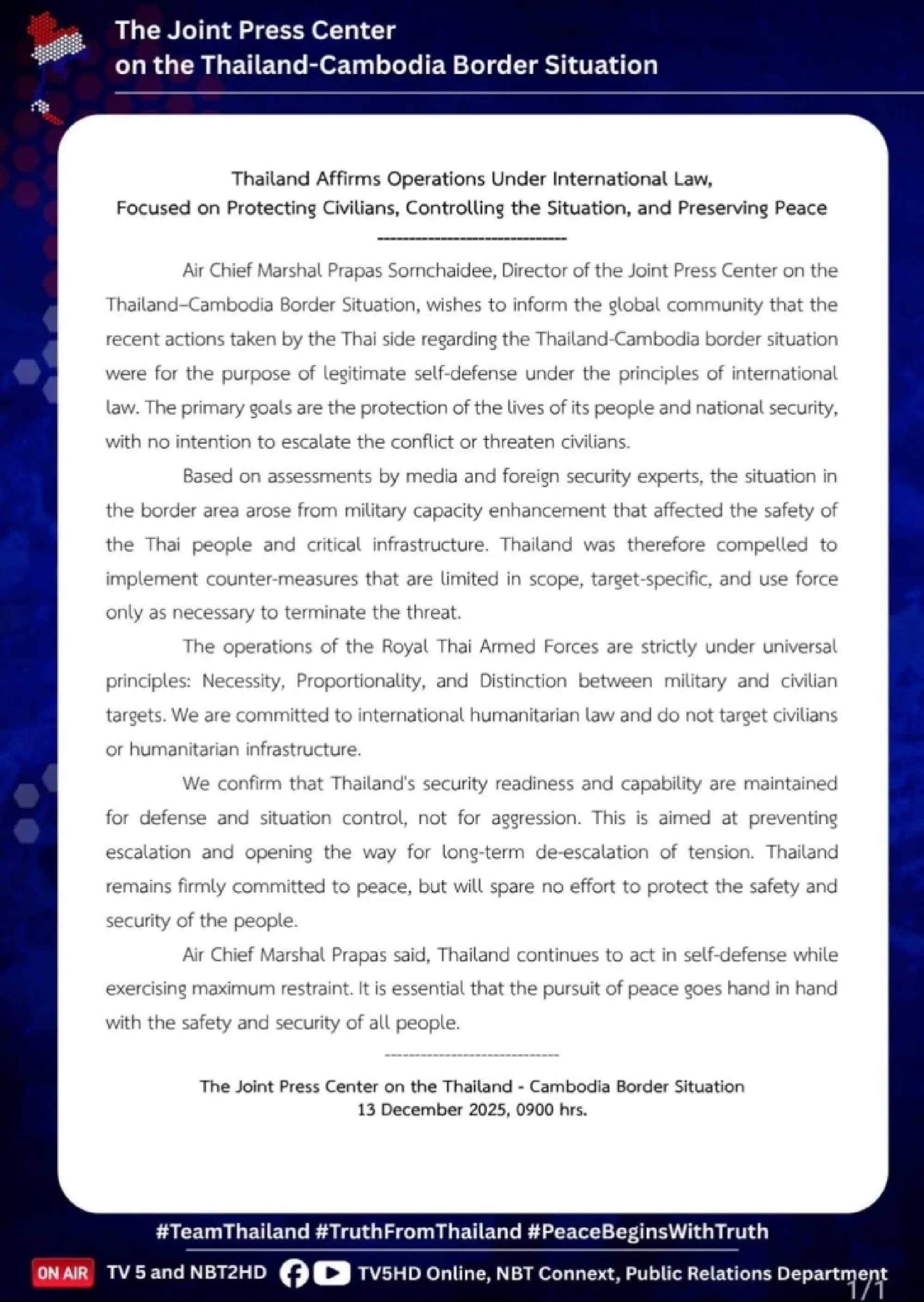 Thailand says border operations comply with international law and aim to protect civilians