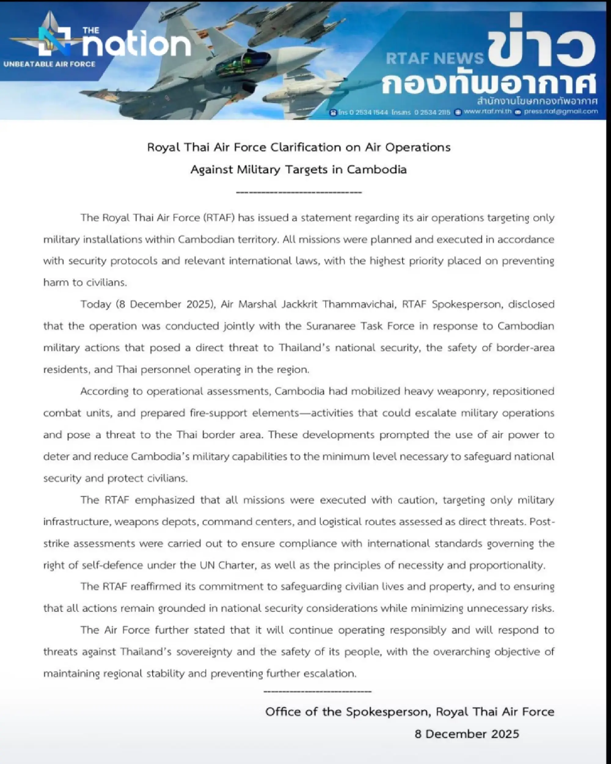 Royal Thai Air Force Clarification on Air Operations Against Military Targets in Cambodia