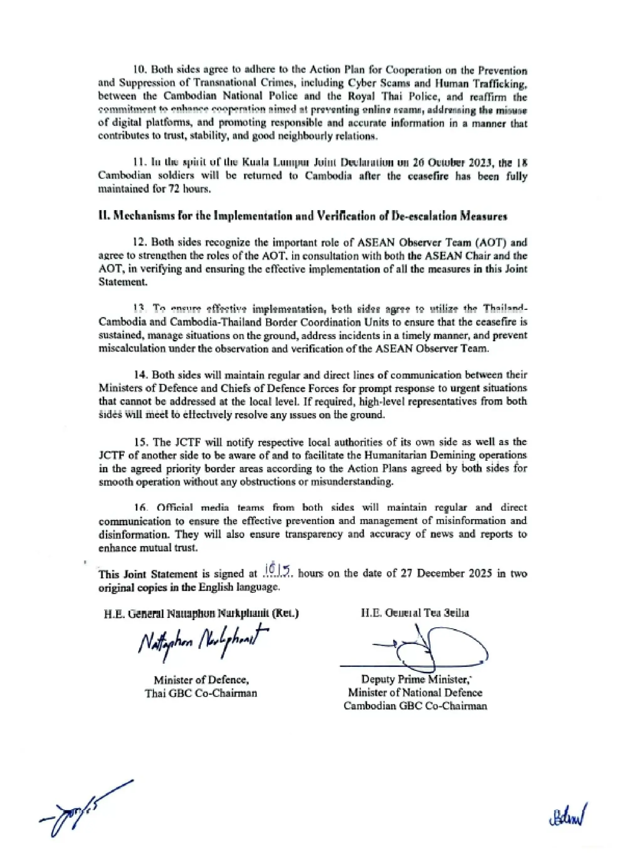 Thailand-Cambodia GBC signs ceasefire statement: 72-hour pause tied to 18 POWs