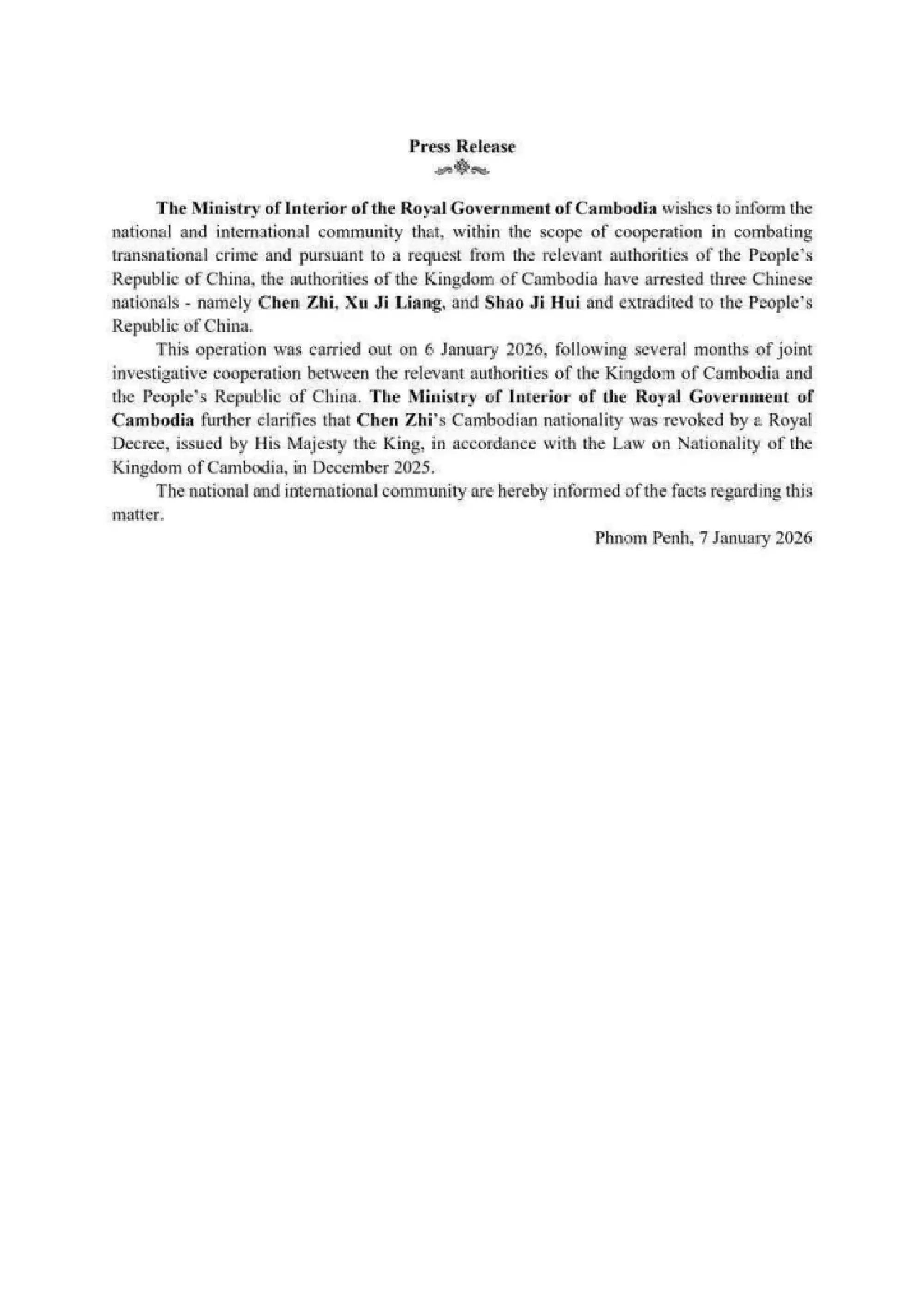 Cambodia extradites Prince Group’s Chen Zhi to China