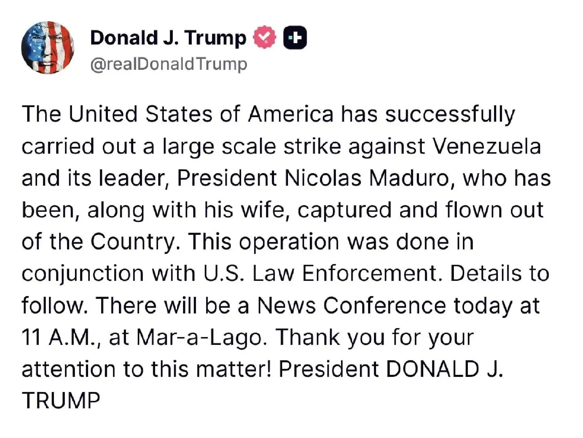 Breaking: Trump claims Venezuela’s leader Nicolás Maduro has been detained and flown out of the country