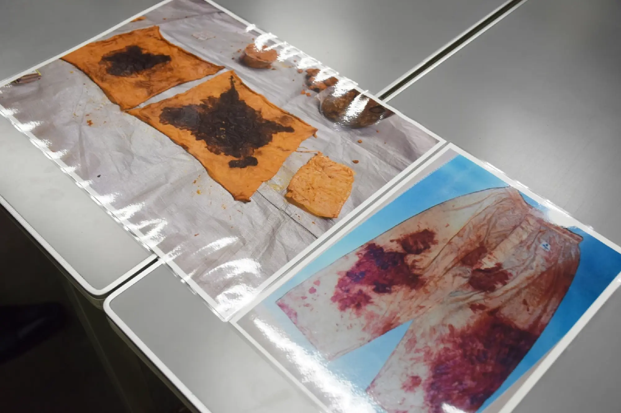 Bloodstains (right) on clothing discovered in a "miso" tank about 14 months after the 1966 murder—initially believed to be the clothes worn by the suspect at the time of the crime—and bloodstains after discoloration in a prosecution experiment, photographed in November 2022