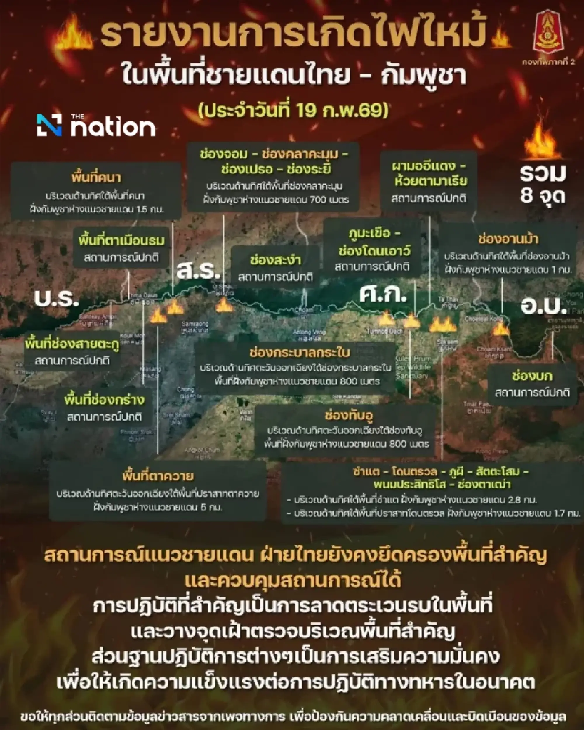 2nd Army reports wildfire situation in 8 border areas, originating from Cambodia