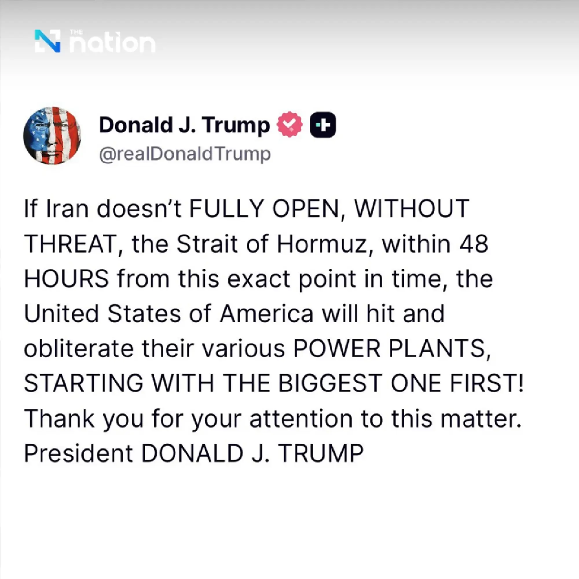 Trump sets 48-hour Hormuz deadline, warns Iran over power plants
