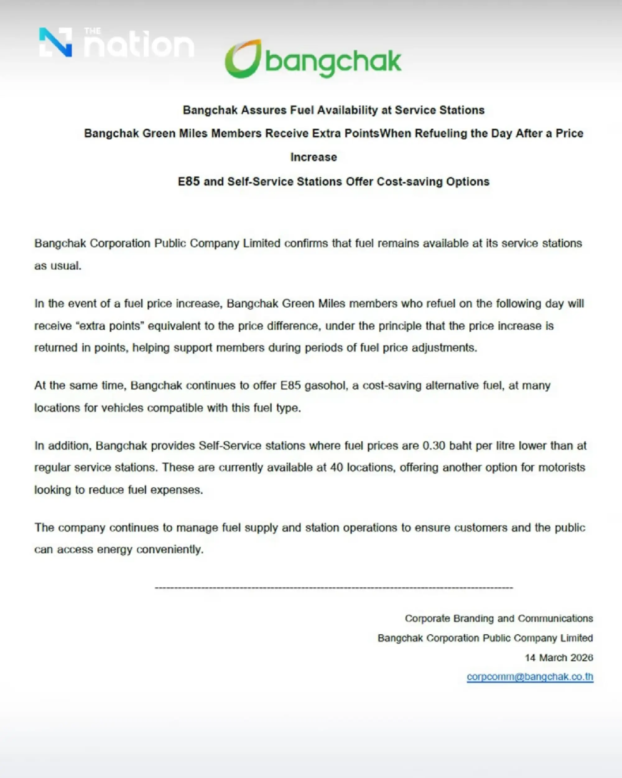 Bangchak reassures customers on fuel availability, offers extra points and cheaper self-service options