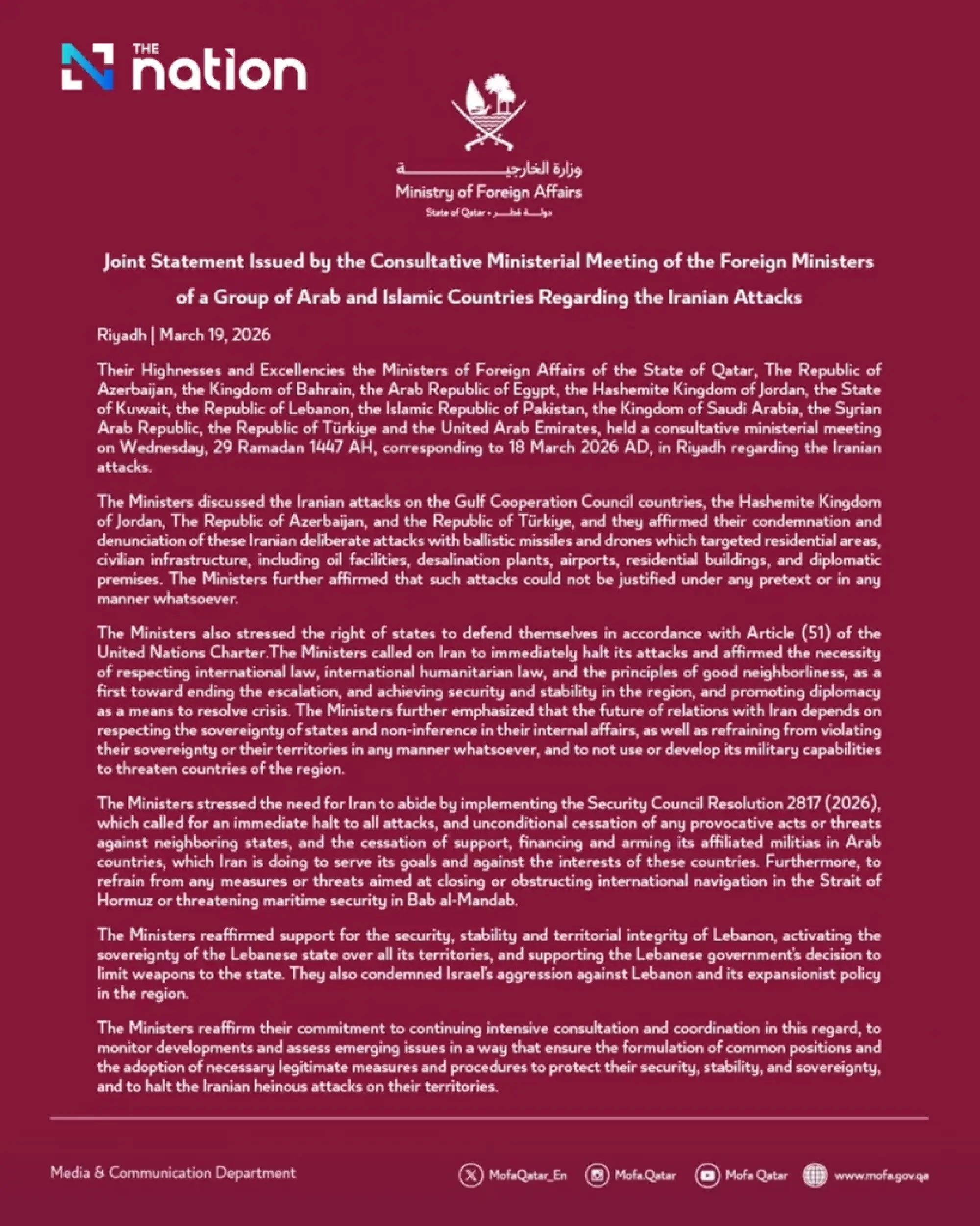 Middle East bloc of 12 nations urges Iran to halt attacks, keep shipping lanes open