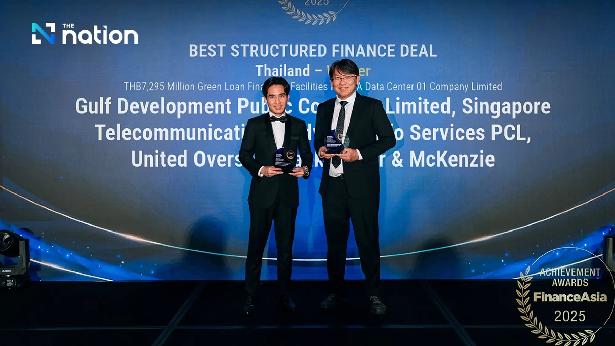 Best Structured Finance Deal – Thailand, accepted by Mr. Supoj Piboonphitakphon (right), Head of Finance, and Mr. Natrapee Nitkarn (left), Head of Finance &amp; Accounting - Digital Business, Gulf Development Public Company Limited (GULF)
