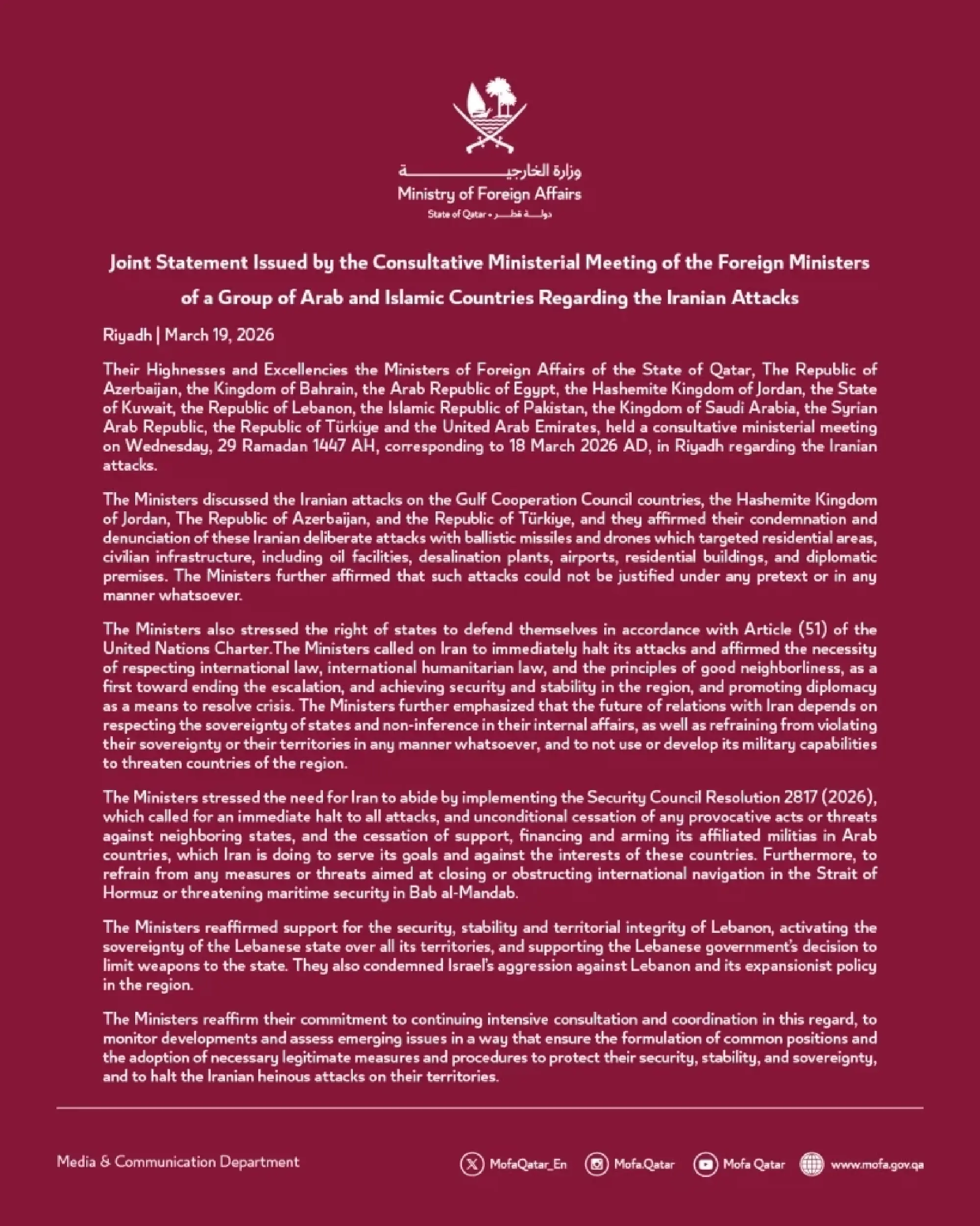 Middle East bloc of 12 nations urges Iran to halt attacks, keep shipping lanes open