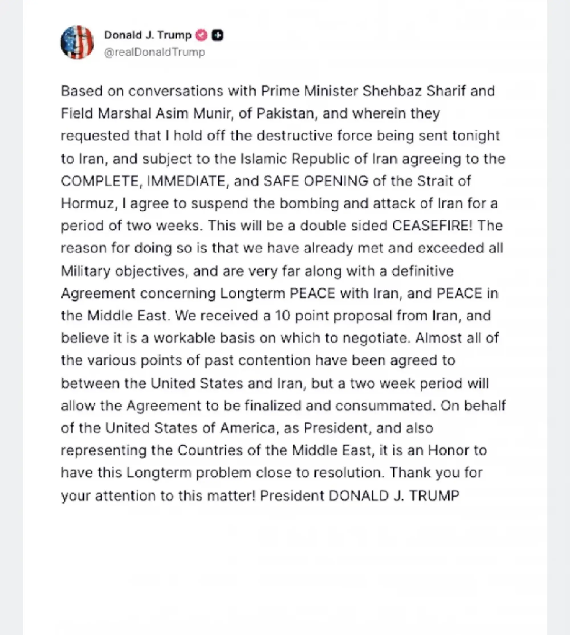 Trump backs off Iran ultimatum and agrees to two-week ceasefire