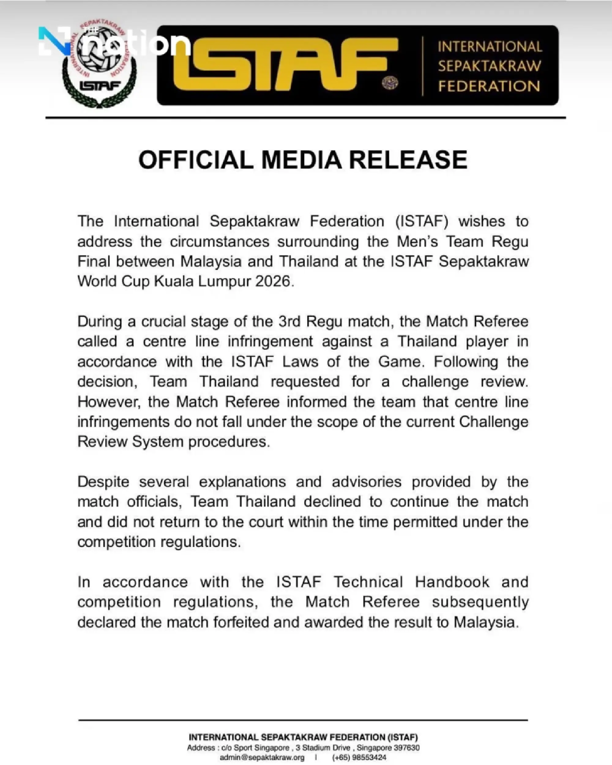 Thailand defend takraw final walkout as ISTAF backs referee in Malaysia row