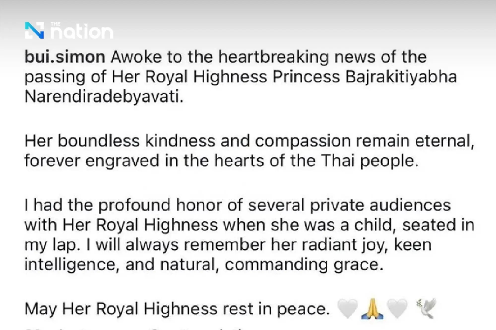 Former Miss Universe pays tribute to Princess Bajrakitiyabha