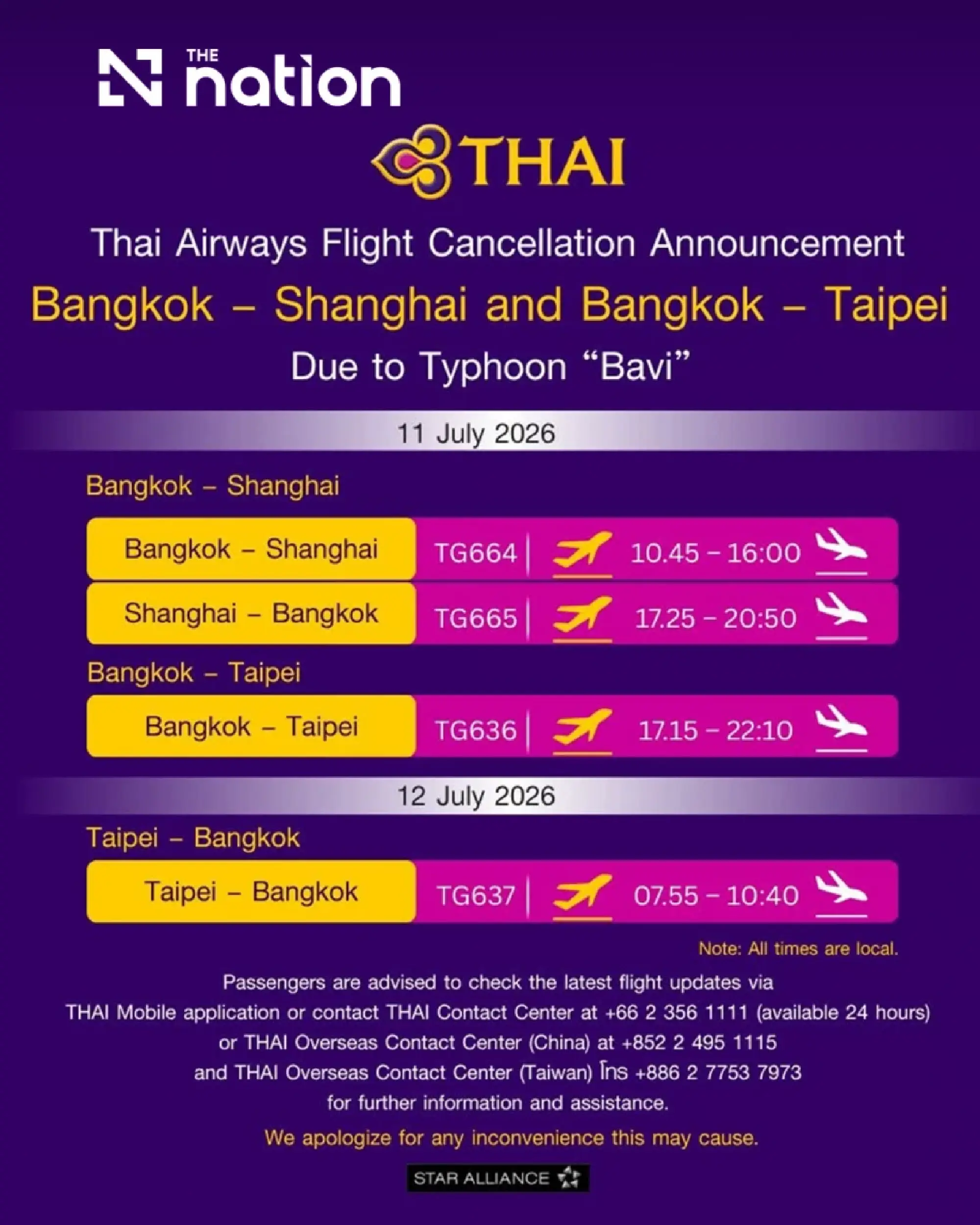 THAI cancels six Shanghai and Taipei flights as Bavi disrupts travel