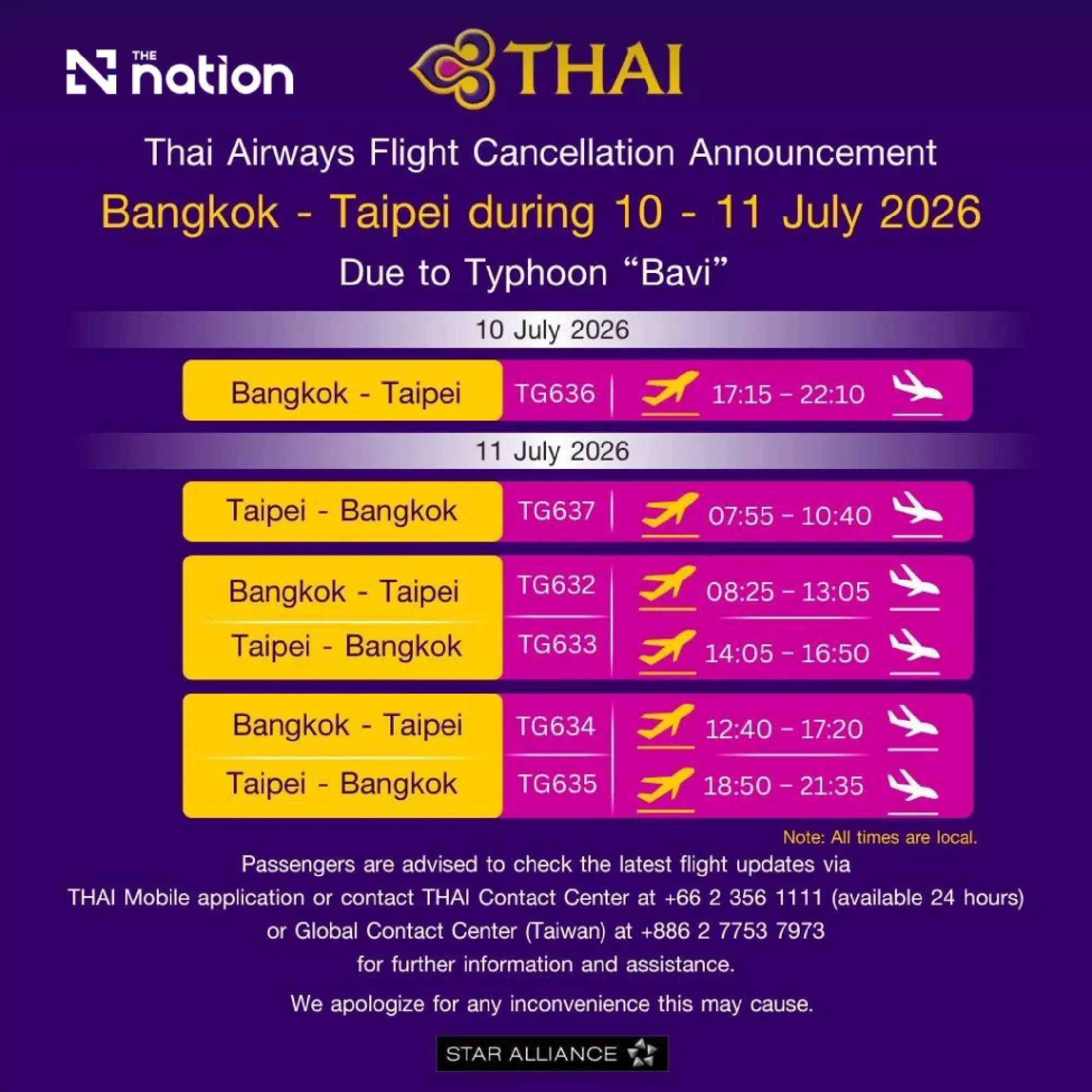 THAI Cancels Bangkok – Taipei Flights due to Typhoon Bavi