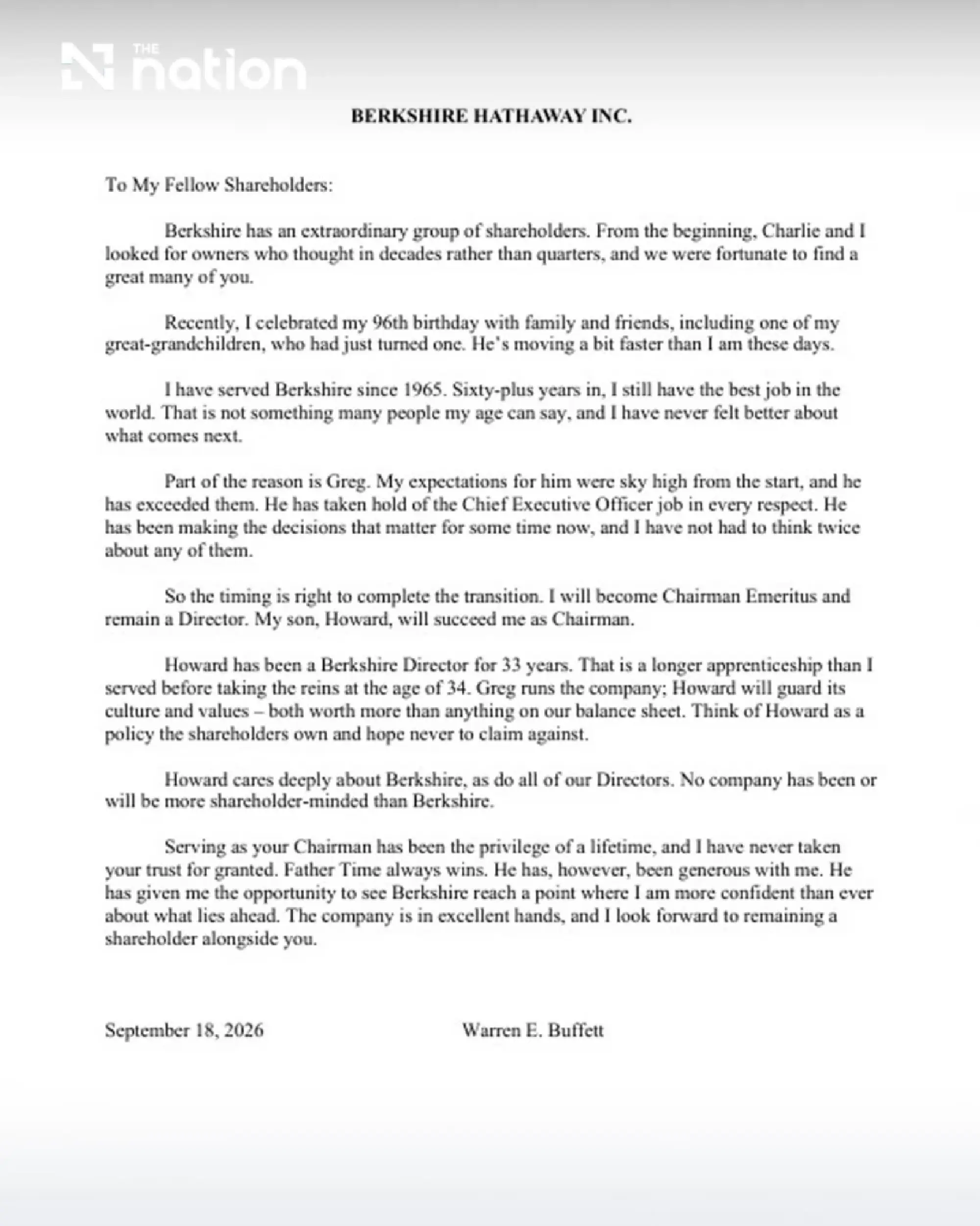 Buffett steps down as Berkshire chair on September 18 after over 60 years at the helm