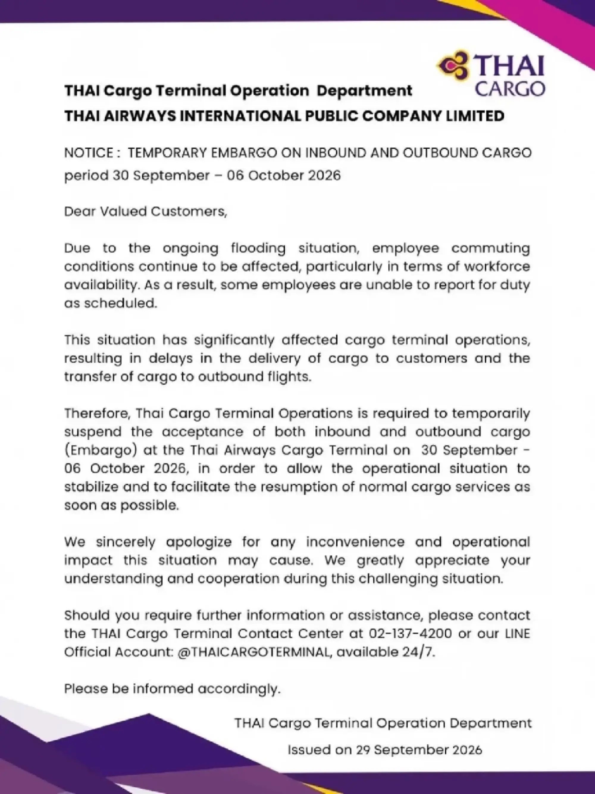 Thai Airways halts Suvarnabhumi cargo intake for 7 days from Sept 30
