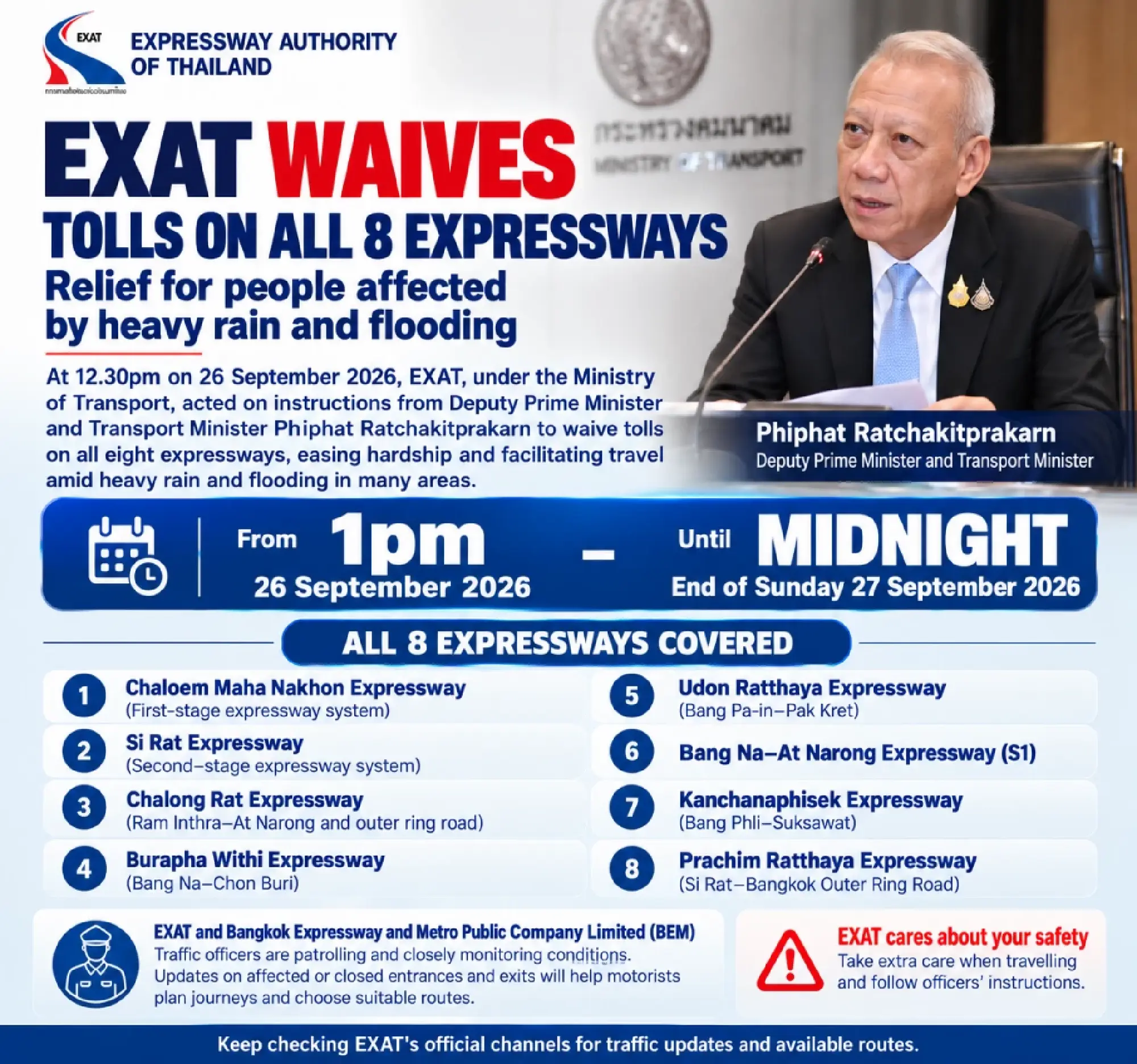 Thailand waives tolls on 8 expressways until midnight Sept 27