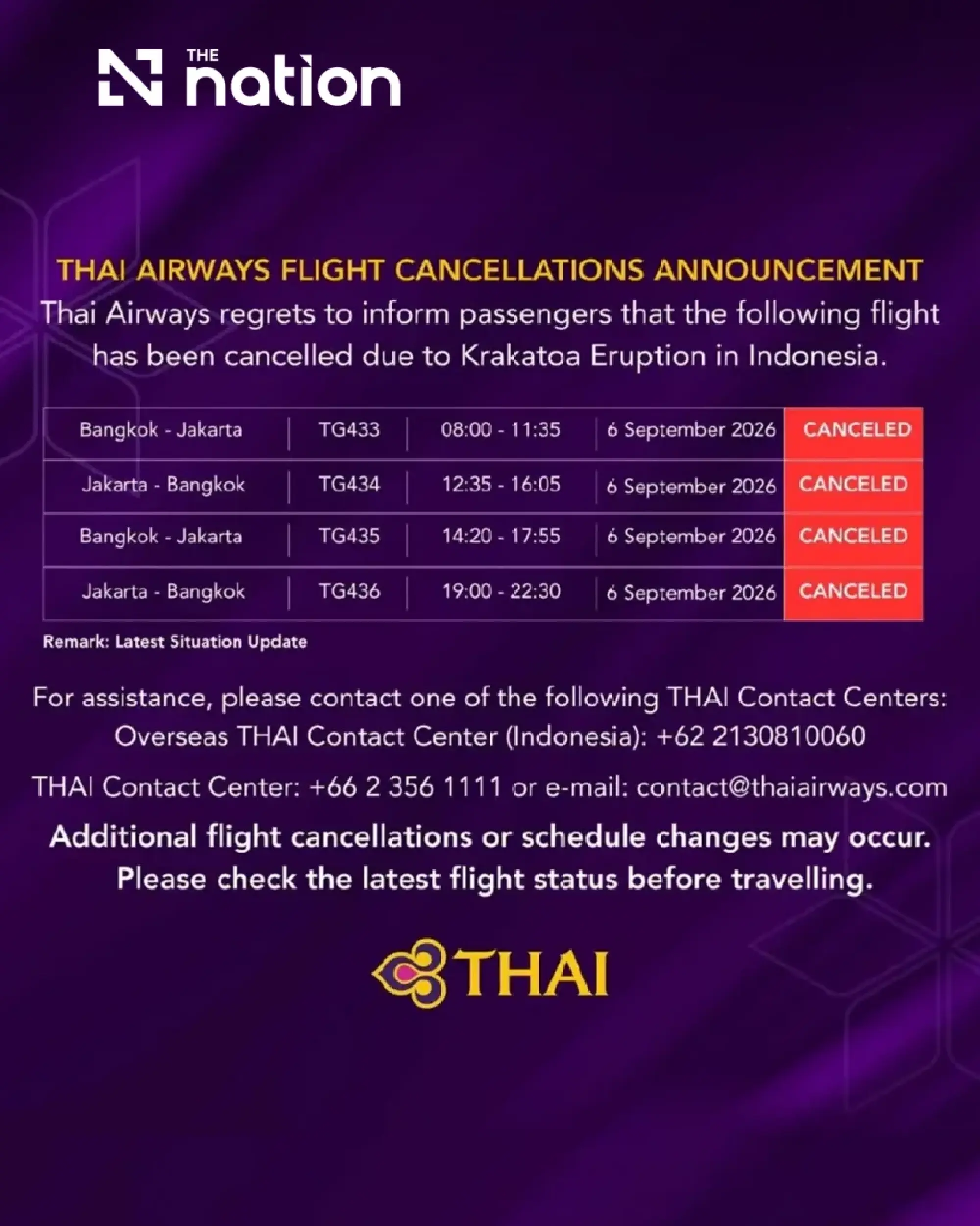 Thai Airways cancels Jakarta flights after Indonesian volcano erupts