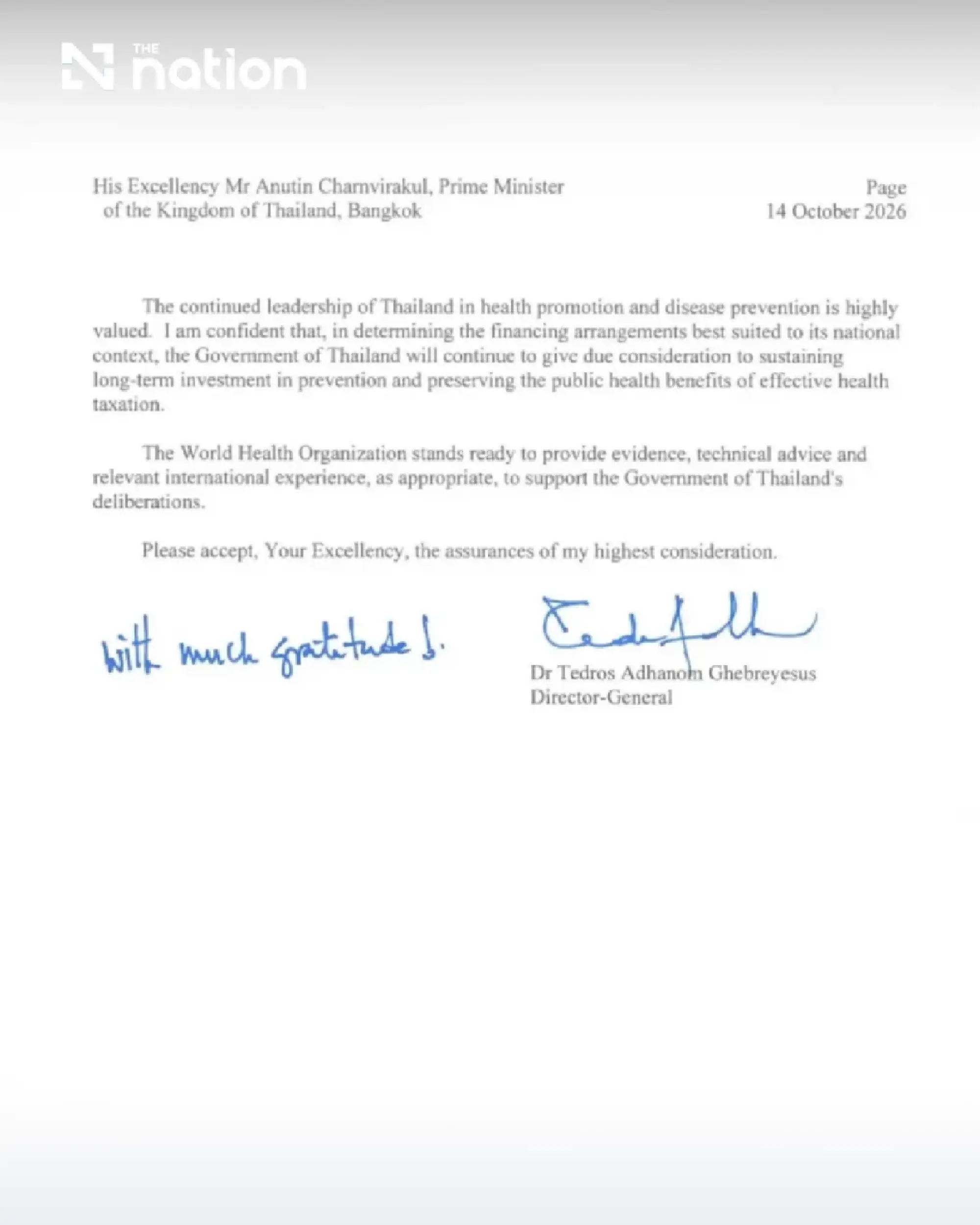 WHO backs ThaiHealth funding and tobacco and alcohol tax safeguards